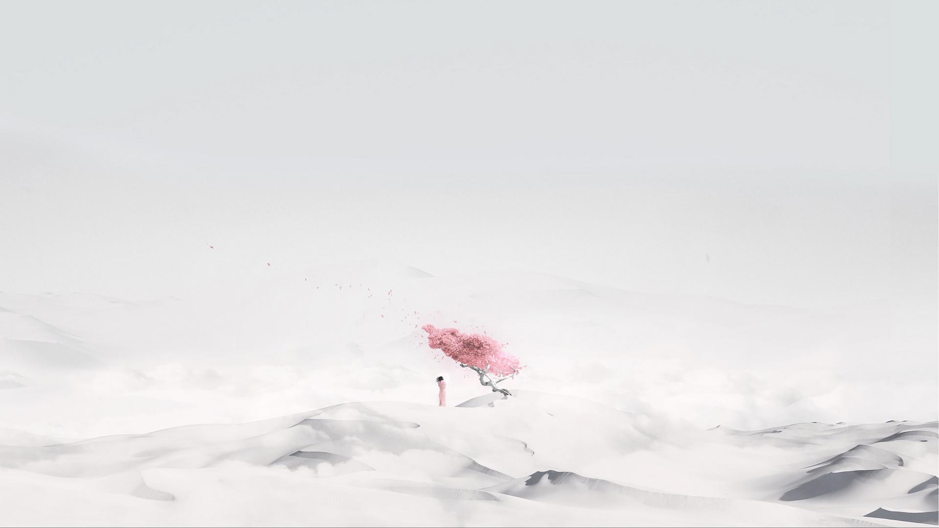 1920x1080 Artwork Sakura Tree Alone Isolation Minimalism White Wallpaper:1920x1080