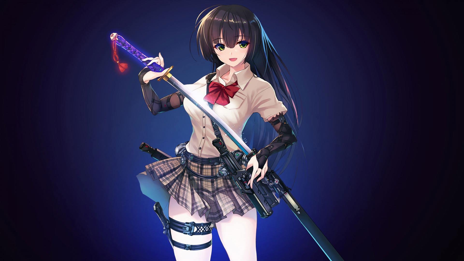 1920x1080 Anime Girl with Sword Katana Anime Samurai Wallpaper