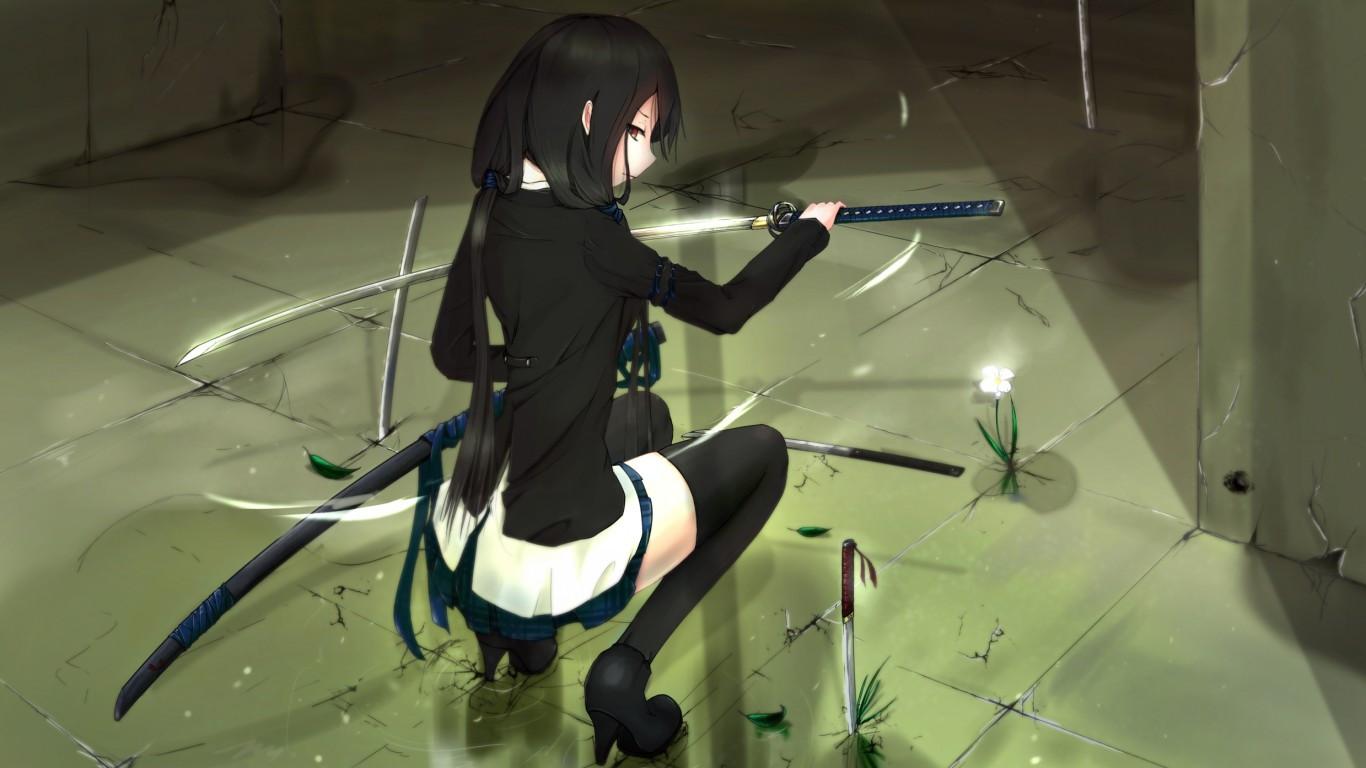 1366x768 Download 1366x768 Anime Girl, Katana, Black Hair, Profile View Wallpaper for Laptop, Notebook