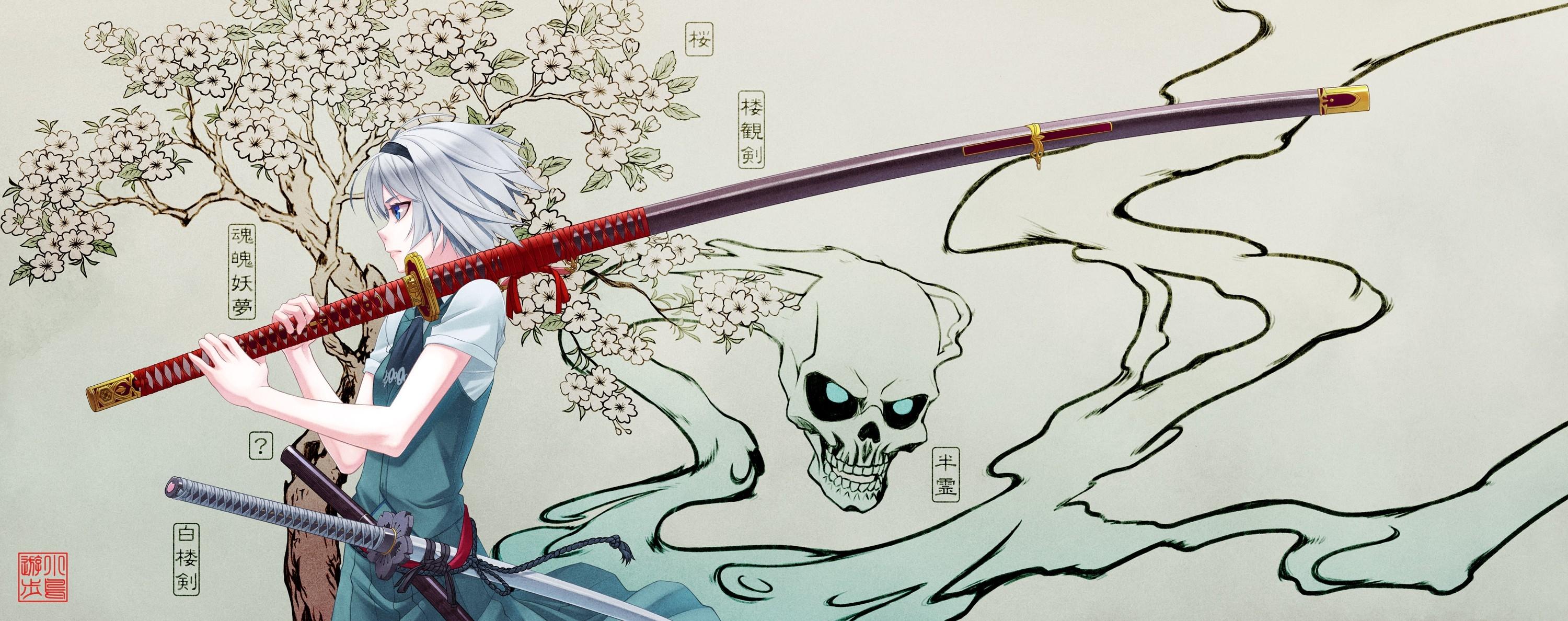 3000x1188 video games touhou katana weapons konpaku youmu white hair girls with swords anime girls 3000x118