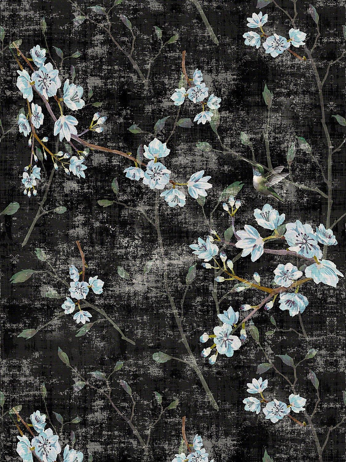 1125x1500 Blossom Fantasia Black Blue Wallpaper, Per Yard