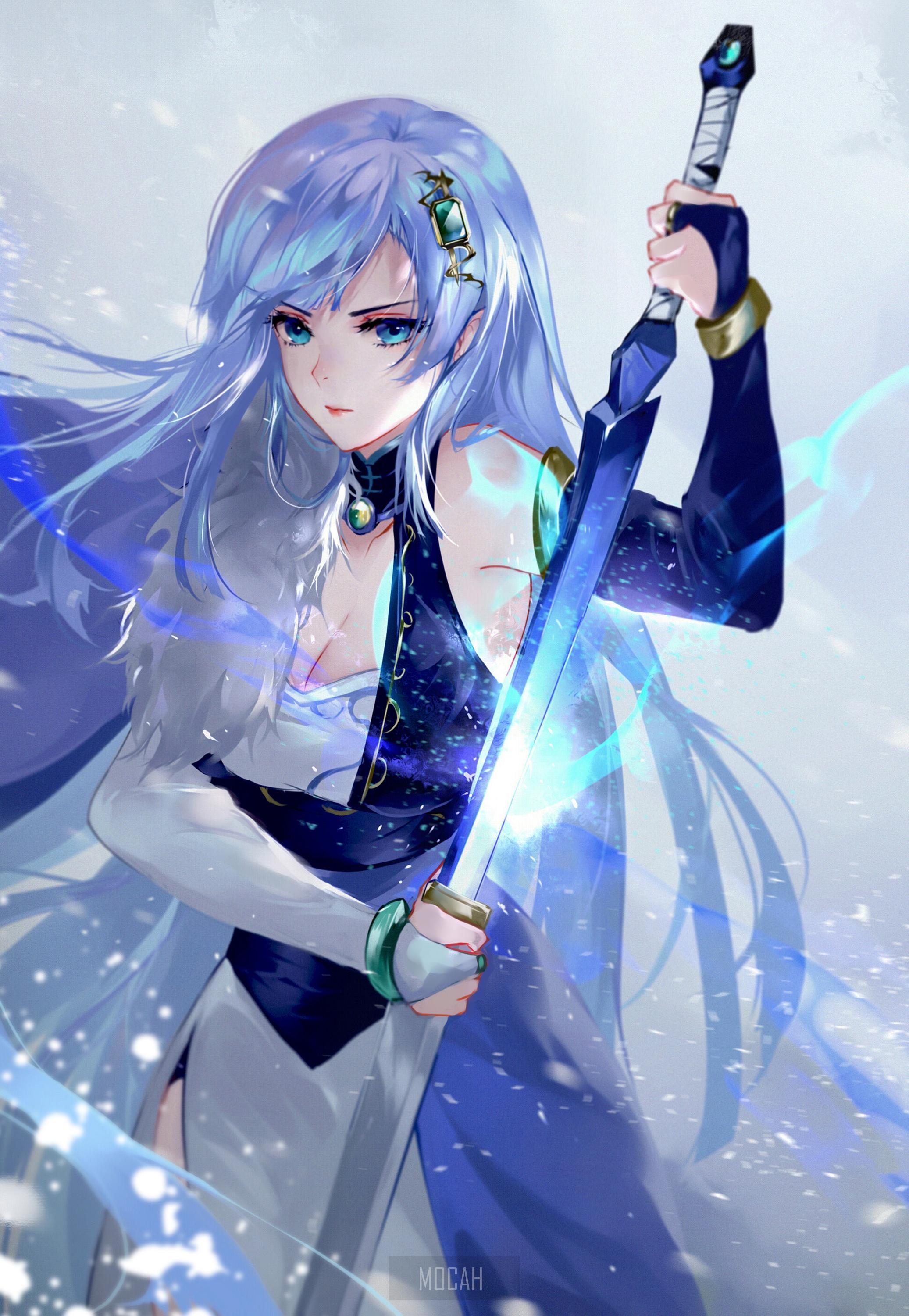 2073x3000 anime girl, blue clothes, long hair, blue hair, blue eyes, Girl With Weapon, sword, anime full HD wallpaper, 2073x3000. Mocah HD Wallpaper