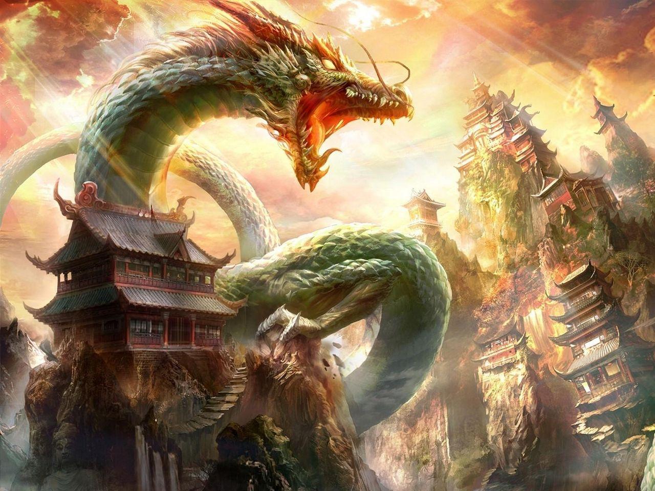 1280x960 Download wallpaper 1280x960 dragon, mouth, house, sky, rays standard 4:3 HD background