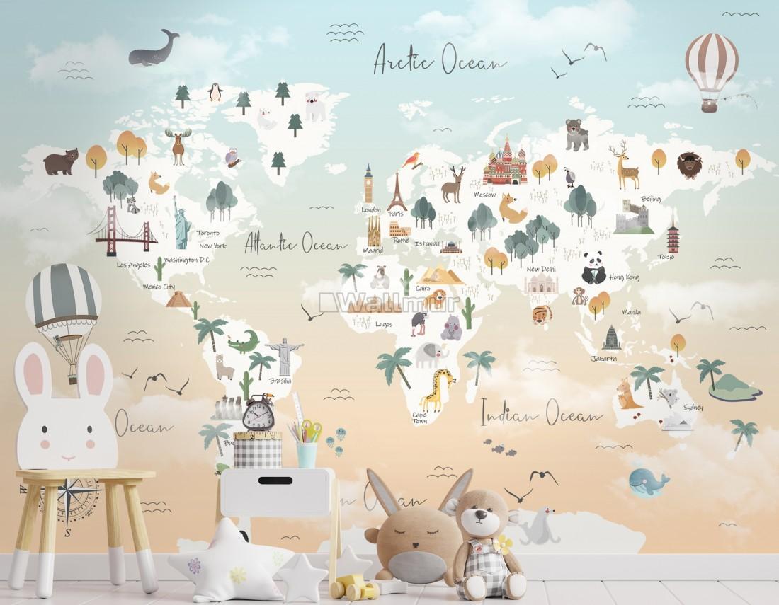 1100x855 Kids Pink World Map with Cute Animals and Little Balloons Wallpaper Mural • Wallmur®