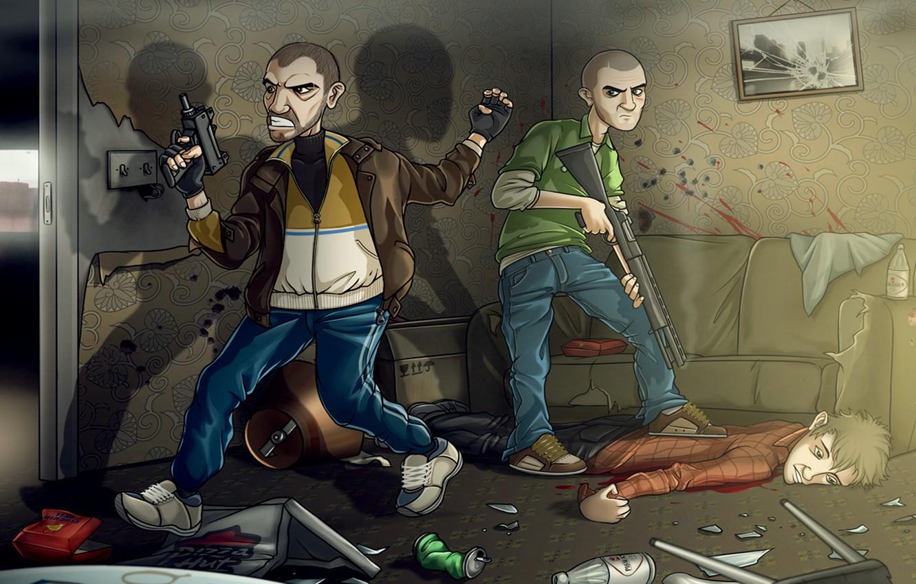 1332x850 Wallpaper machine, shotgun, Grand Theft Auto IV, Patrick Pucky McCreary, Niko Bellic, Niko Bellic, Patrick «Packie» McReary image for desktop, section игры