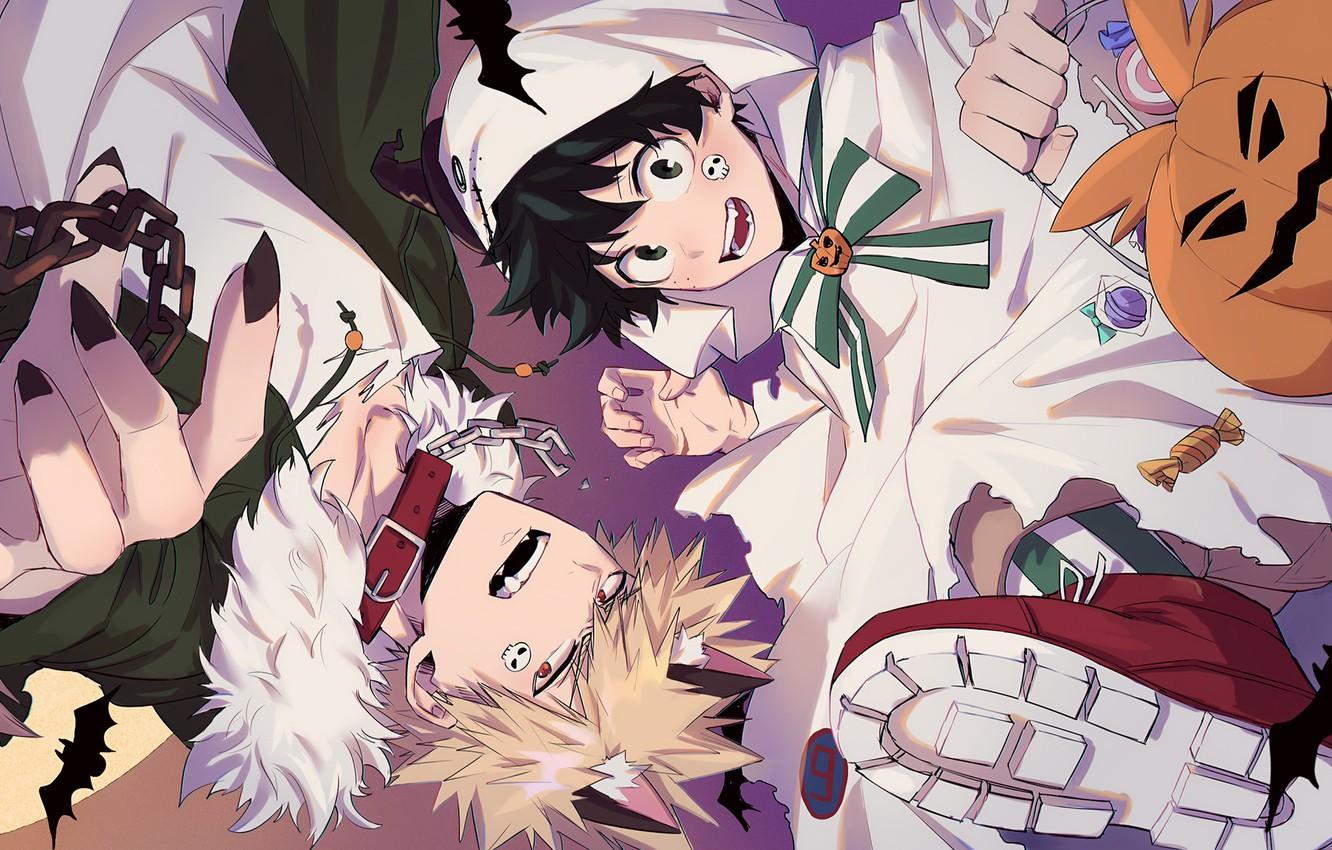1332x850 Wallpaper pumpkin, guys, costumes, Halloween, My hero Academy, My Hero Academia, Boku No Hero Academy, Midori Isuku, Bakuga Katsuki image for desktop, section сёнэн