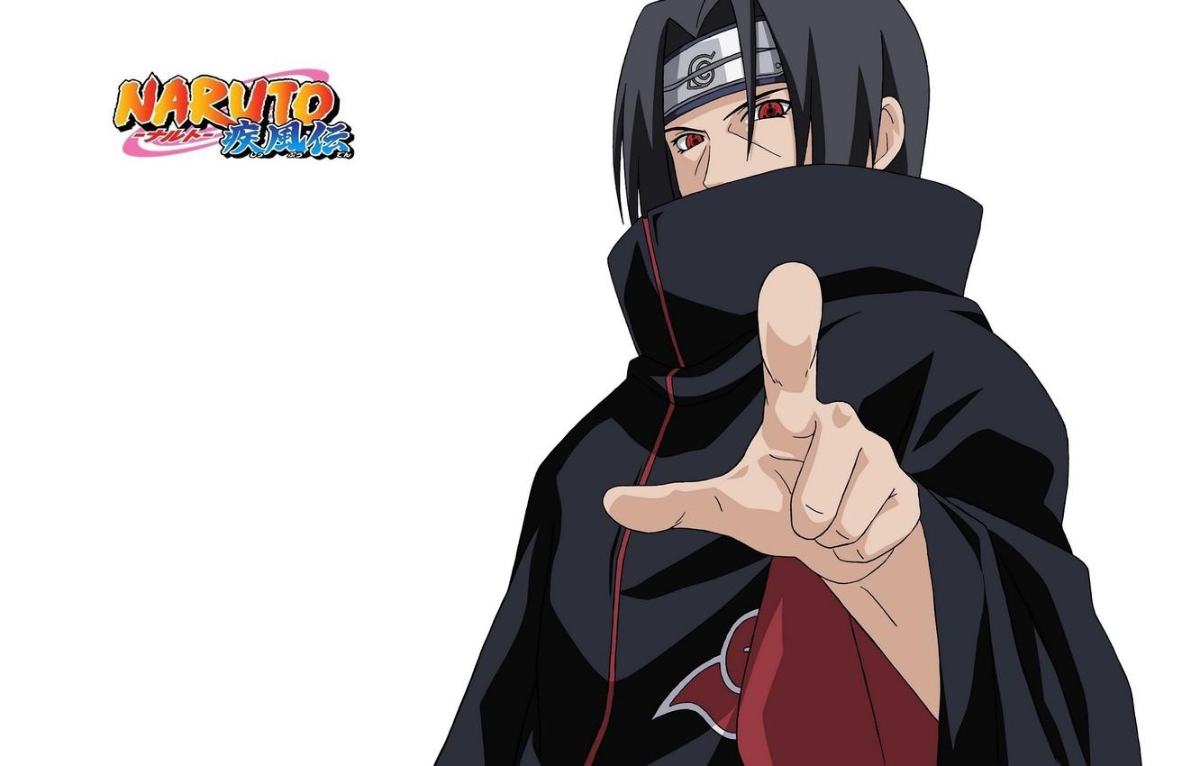 1332x850 Wallpaper finger, collar, white background, headband, cloak, Naruto, red eyes, gesture, akatsuki, sharingan, ninja, Itachi Uchiha image for desktop, section прочее