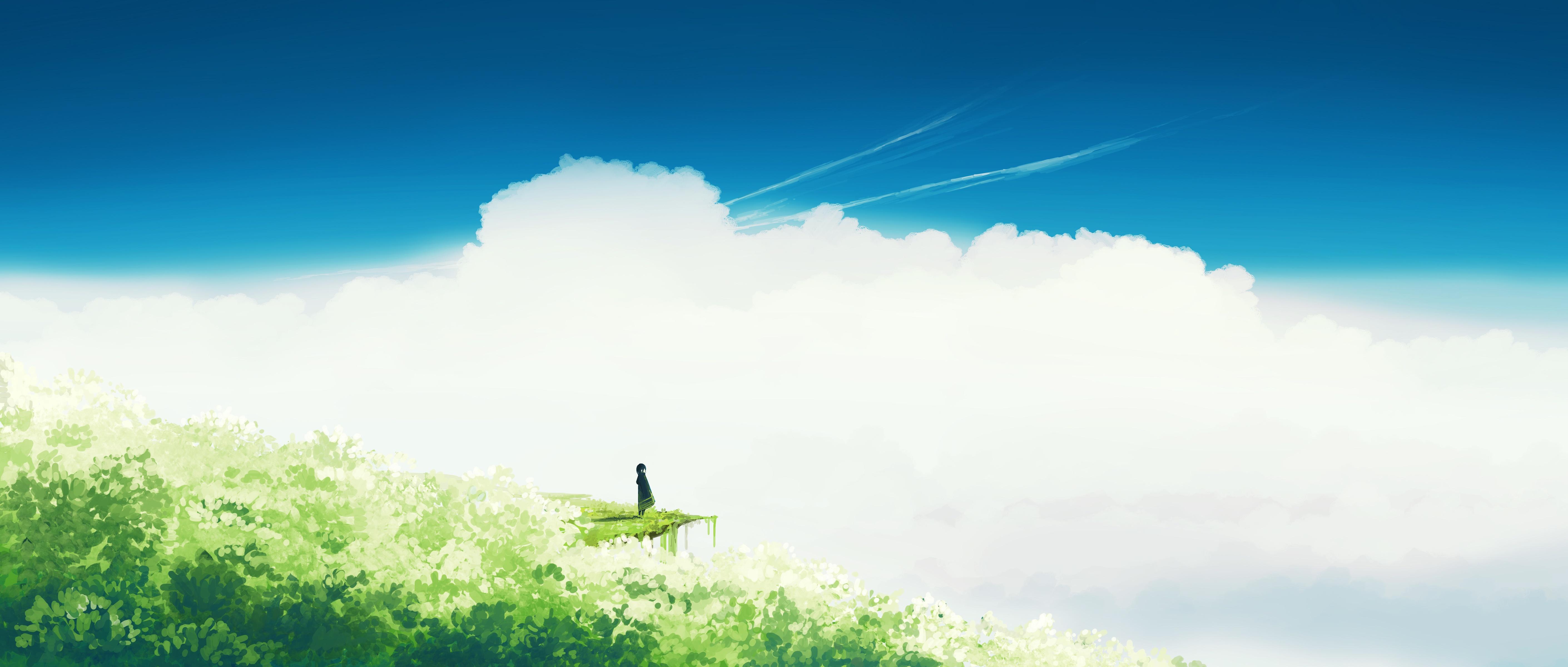 5640x2400 Standing where lush green land meets a cloudy sky 4k Ultra HD Wallpaper