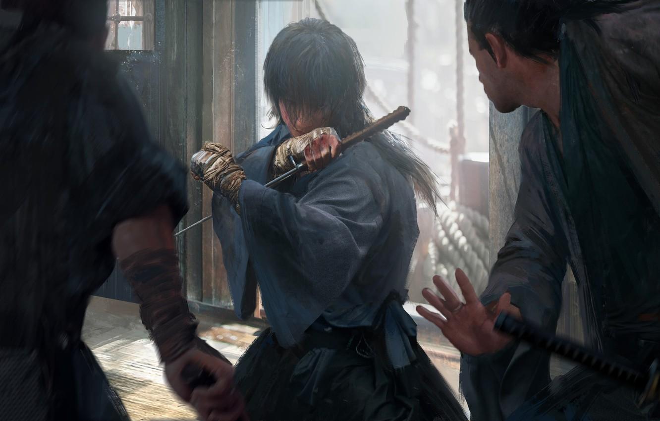 1332x850 Wallpaper katana, Japanese clothing, art, the fight, bandages, Samurai X, Rurouni Kenshin, Himura Kenshin, Hobo Kenshin, Bruce Zhang image for desktop, section сёнэн
