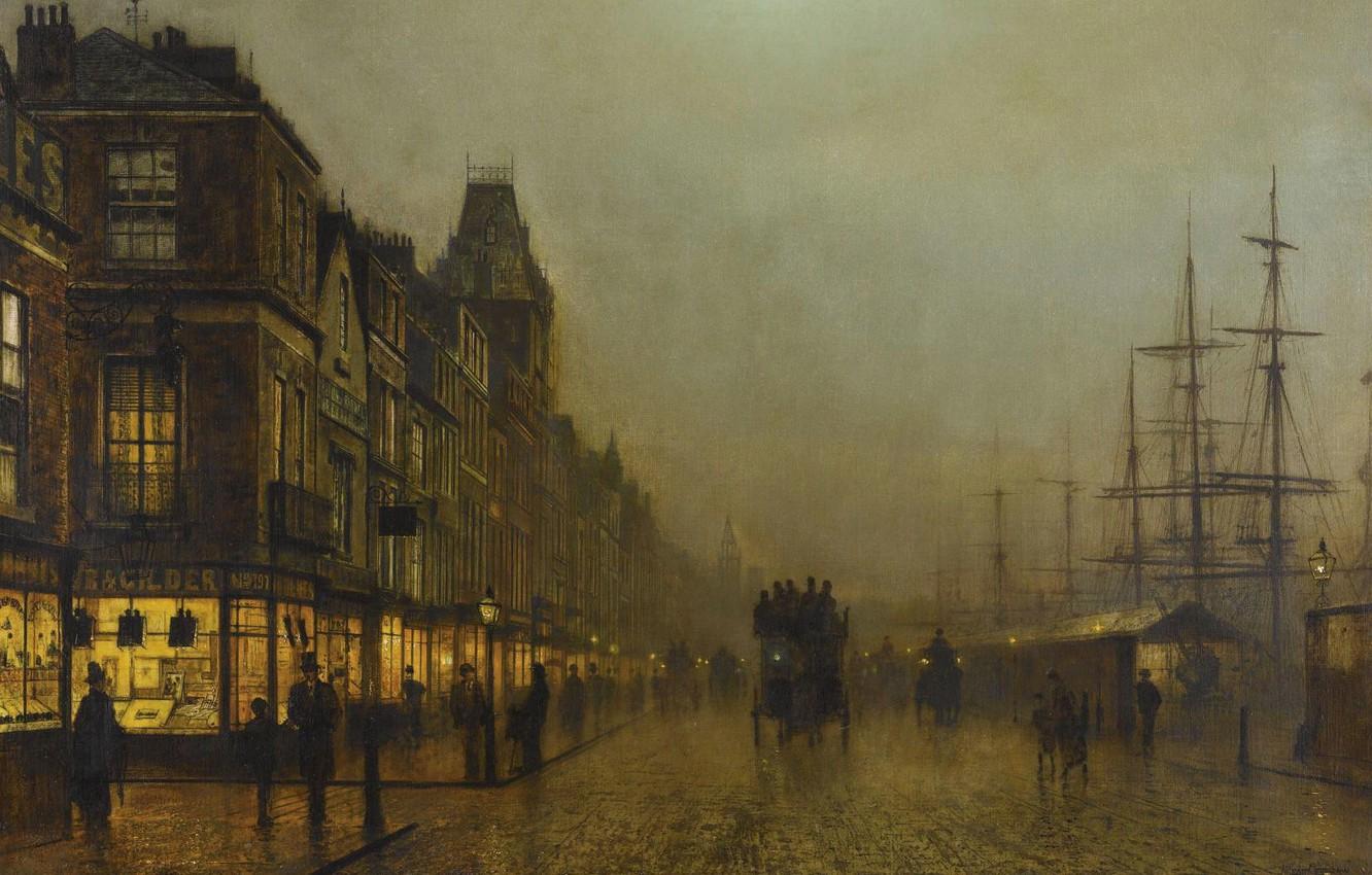 1332x850 Wallpaper ship, home, picture, promenade, the urban landscape, John Atkinson Grimshaw, John Atkinson Grimshaw, Liverpool Docks image for desktop, section живопись