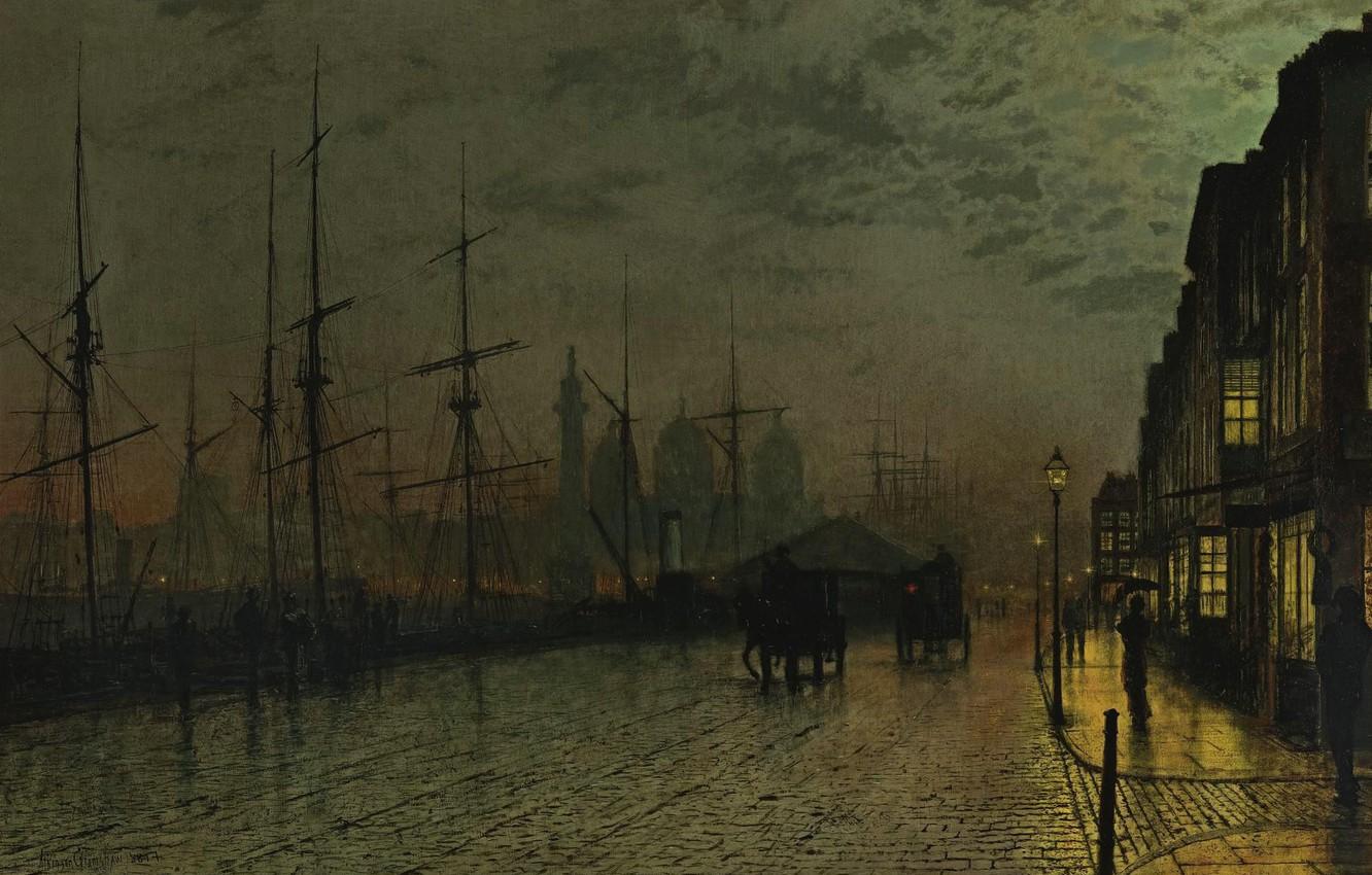 1332x850 Wallpaper home, ships, picture, promenade, John Atkinson Grimshaw, John Atkinson Grimshaw, Prince's Dock. Hull image for desktop, section живопись