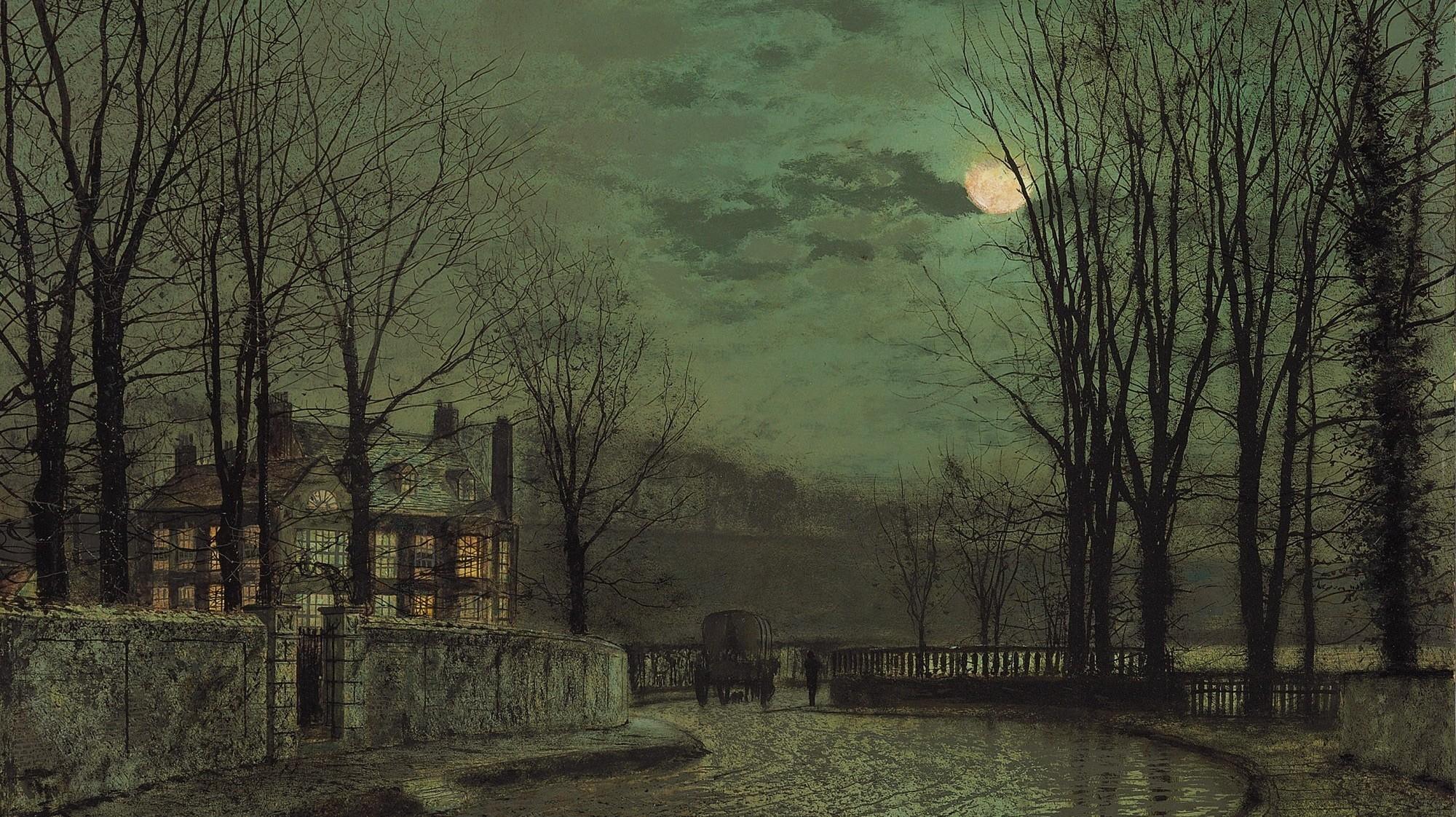 2000x1122 #night, #artwork, #painting, #classic art, #Moon, #John Atkinson Grimshaw, wallpaper. Mocah HD Wallpaper