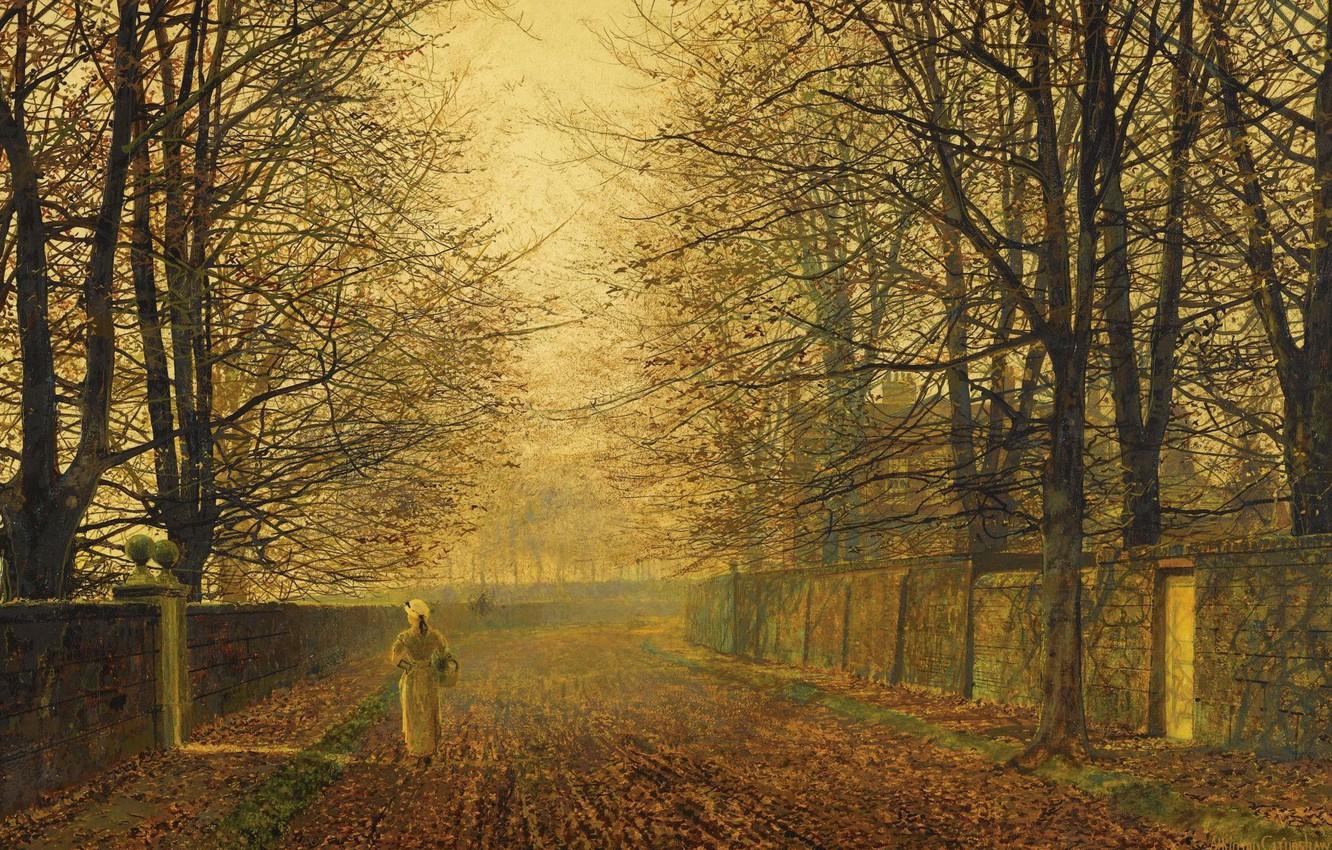 1332x850 Wallpaper autumn, girl, trees, landscape, street, the fence, picture, John Atkinson Grimshaw, John Atkinson Grimshaw, Gold Glitter image for desktop, section живопись