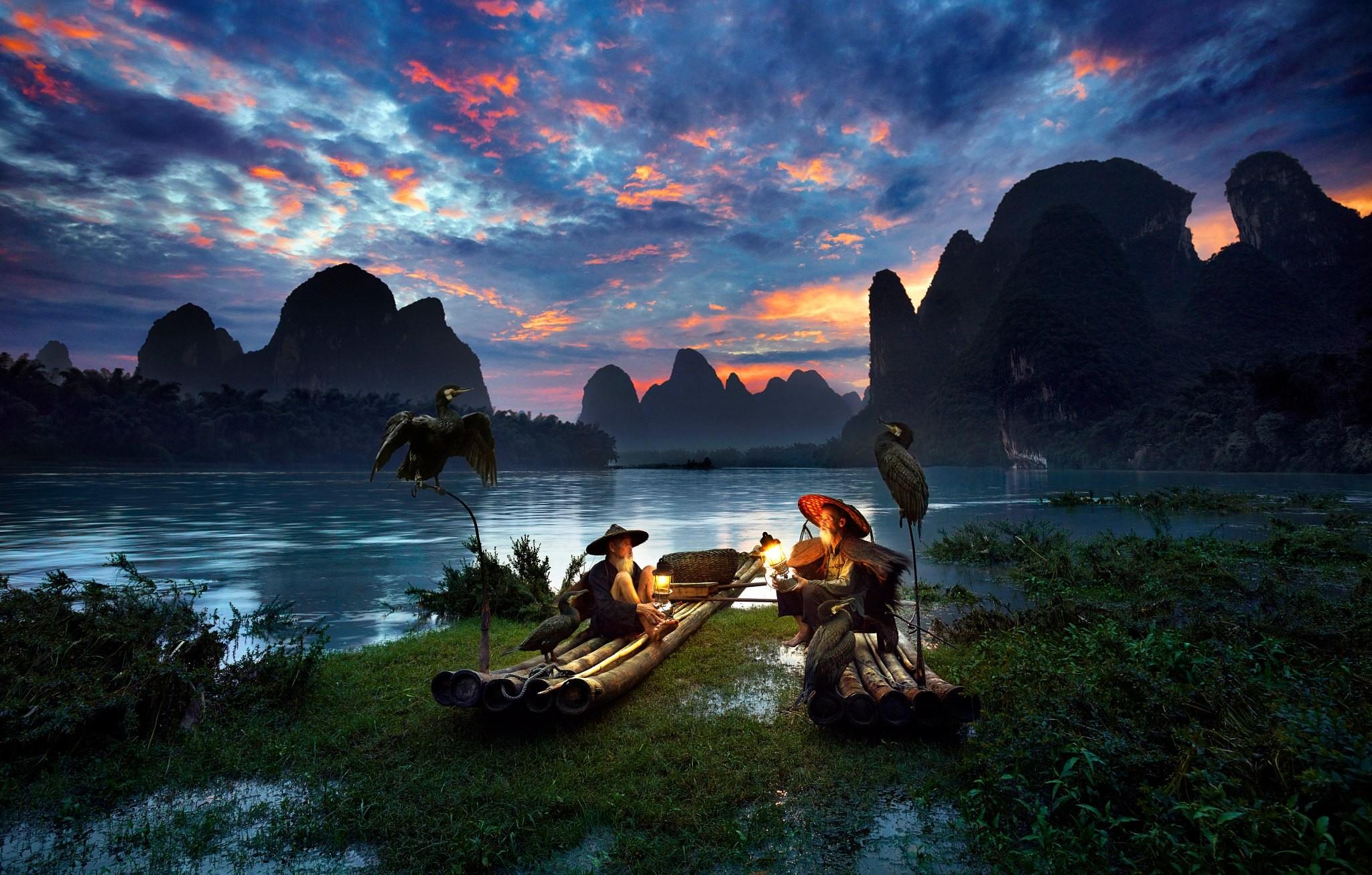 2048x1306 #mountains, #fantasy art, #river, #Asian, #birds, #China, #nature, #men, wallpaper. Mocah HD Wallpaper