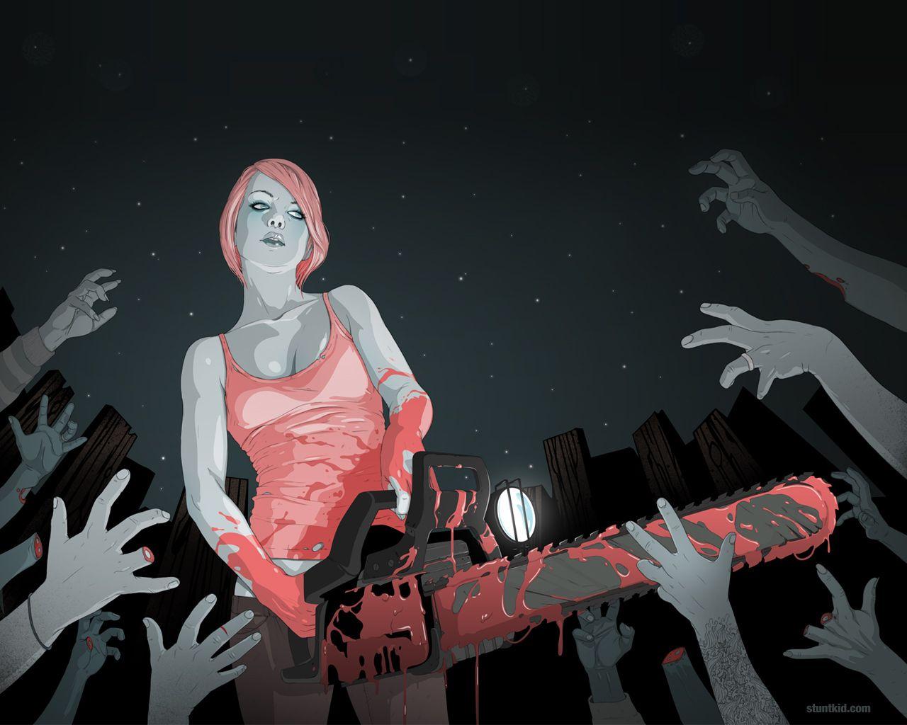1280x1024 Paper Dump: Chainsaw Zombie killing Girl Wallpaper