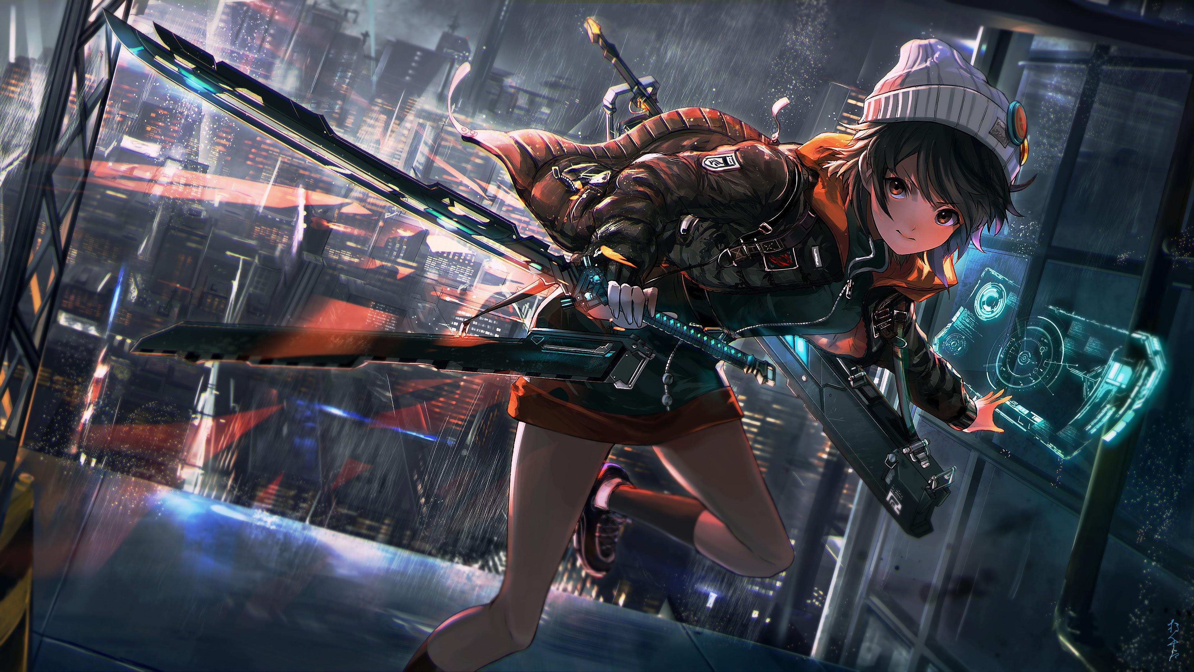3840x2160 Anime Girl Sci Fi Katana 4K Wallpaper