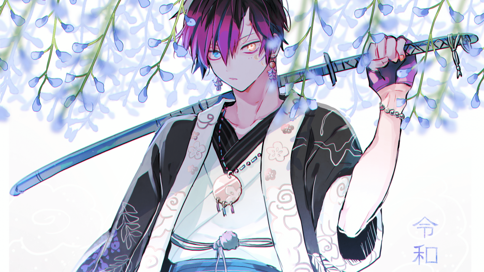 1920x1080 Anime Boy, Katana, Shoujo, Flowers Anime Wallpaper HD