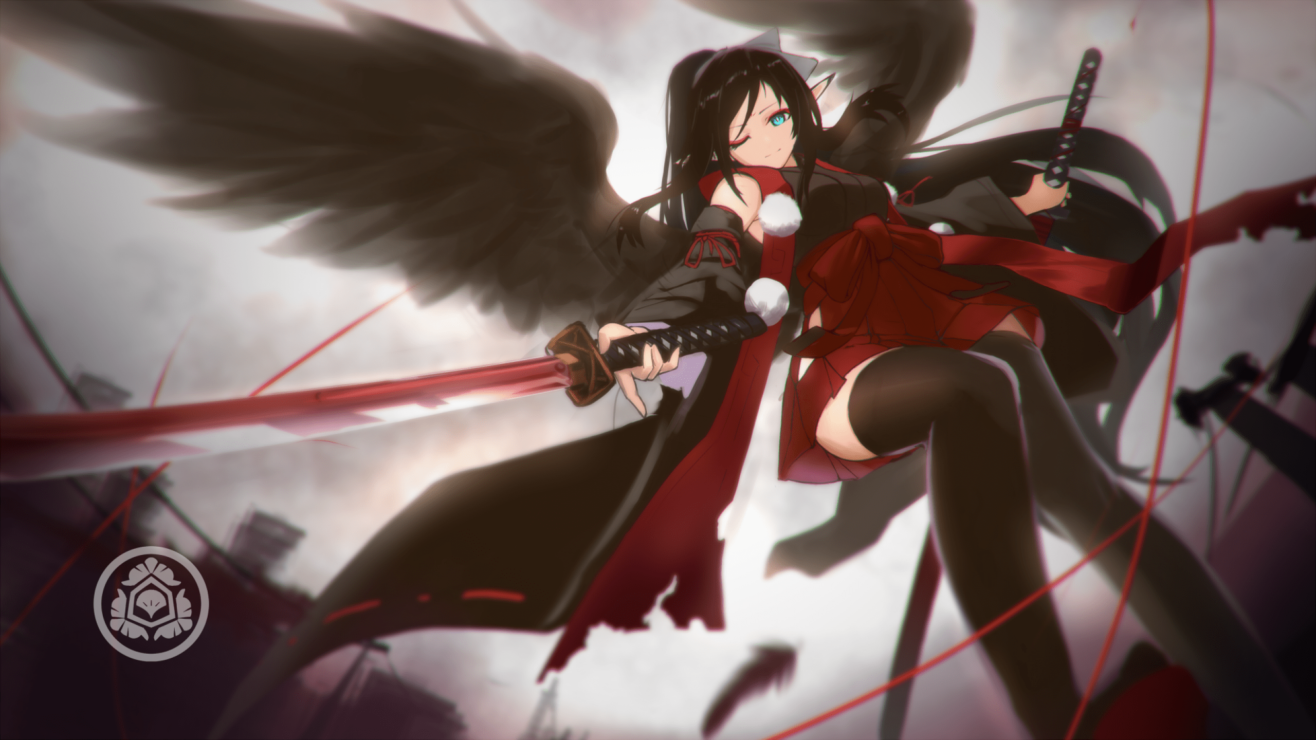 2560x1440 Download 2560x1440 Anime Girl, Black Wings, Wink, Katana, Traditional Clothes Wallpaper for iMac 27 inch