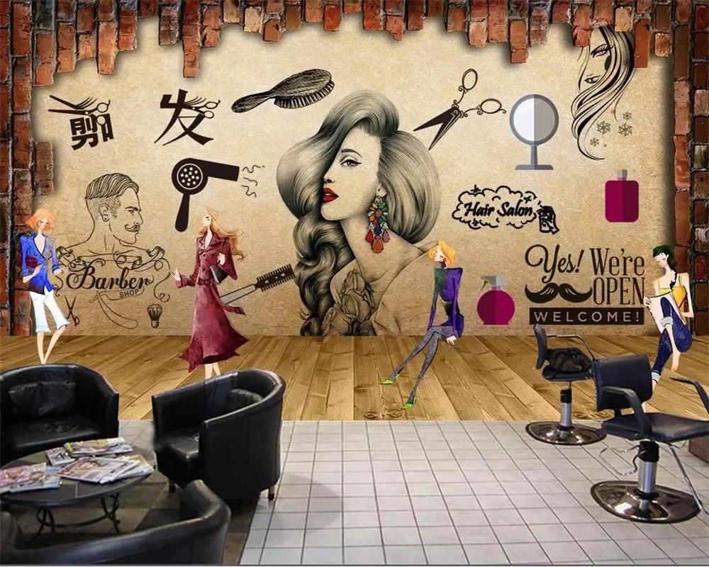 1000x800 Beibehang Customized 3D Wallpaper Salon Hair Salon Beauty Salon Background Wall Barber Shop Nostalgic Retro Makeup 3D Wallpaper