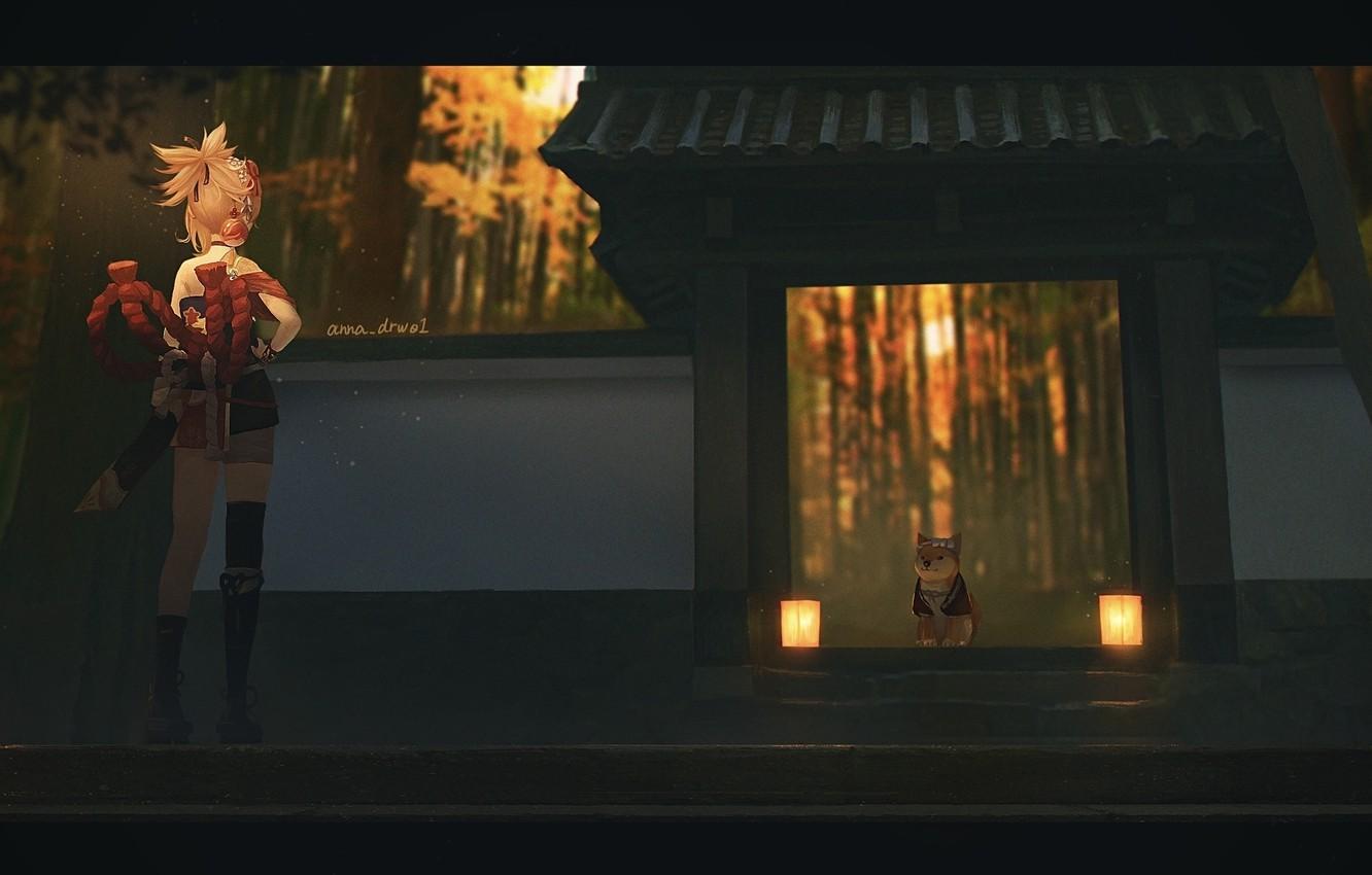 1332x850 Wallpaper forest, dog, gate, temple, Genshin Impact, Yoimiya image for desktop, section игры