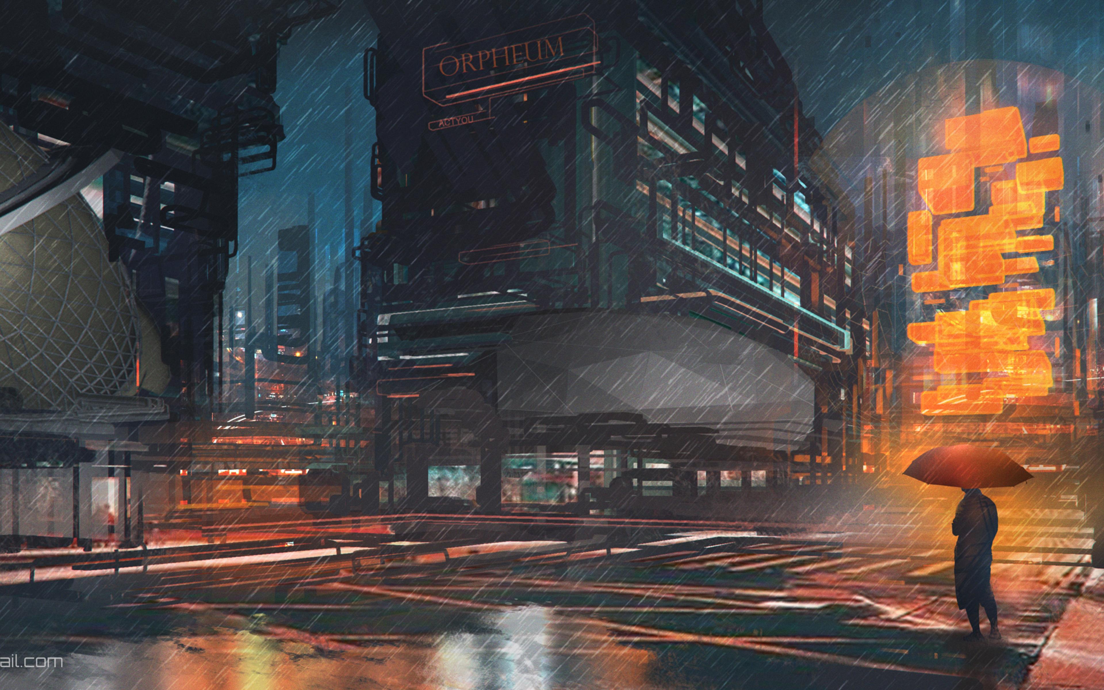 3840x2400 Rainy Night Man With Umbrella Scifi Drawings Digital Art 4k HD 4k Wallpaper, Image, Background, Photo and Picture
