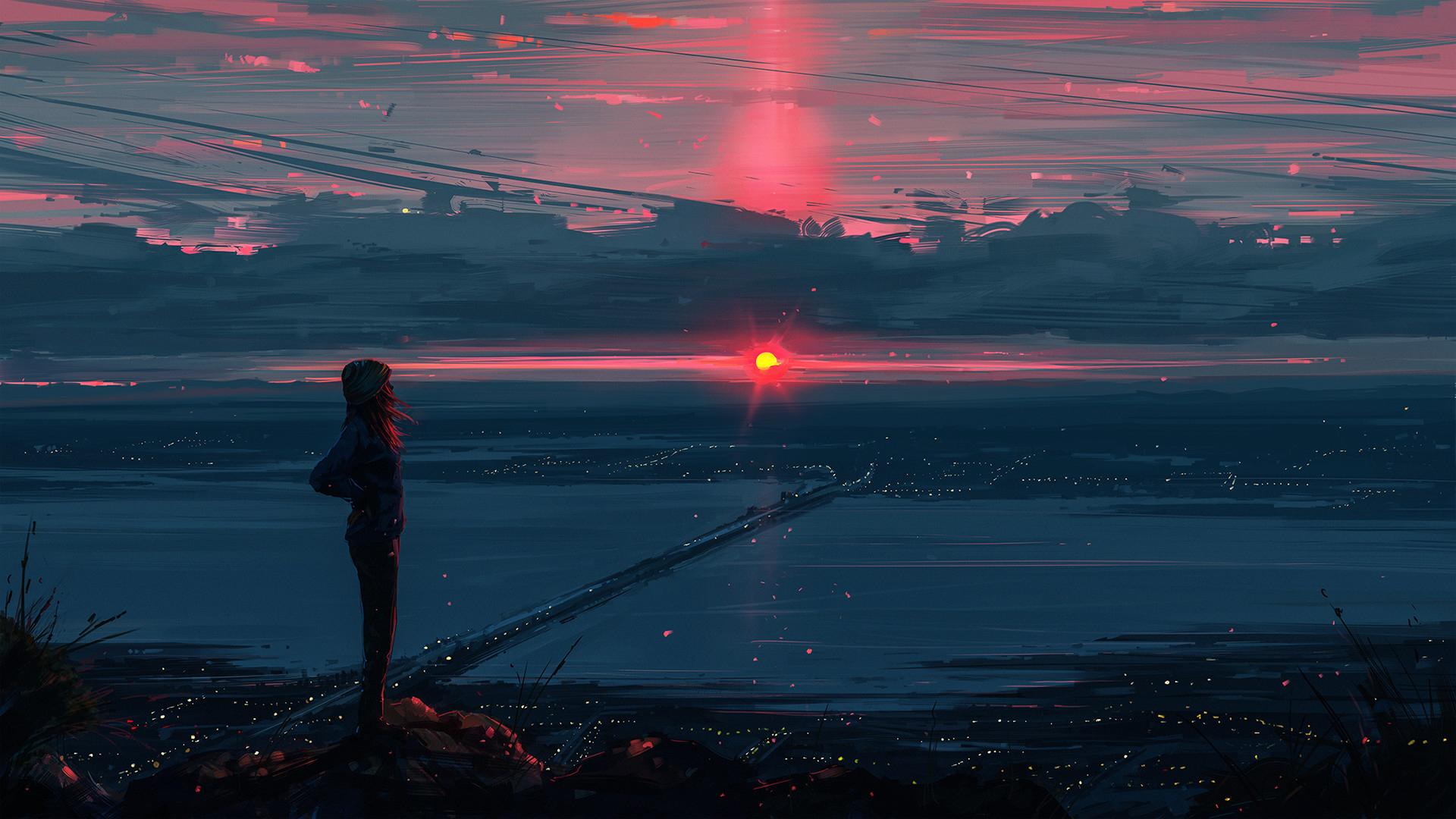 1920x1080 Aenami, Digital art, Landscape, Sun, Clouds, Sunset, Artwork, Drawing Wallpaper HD / Desktop and Mobile Background
