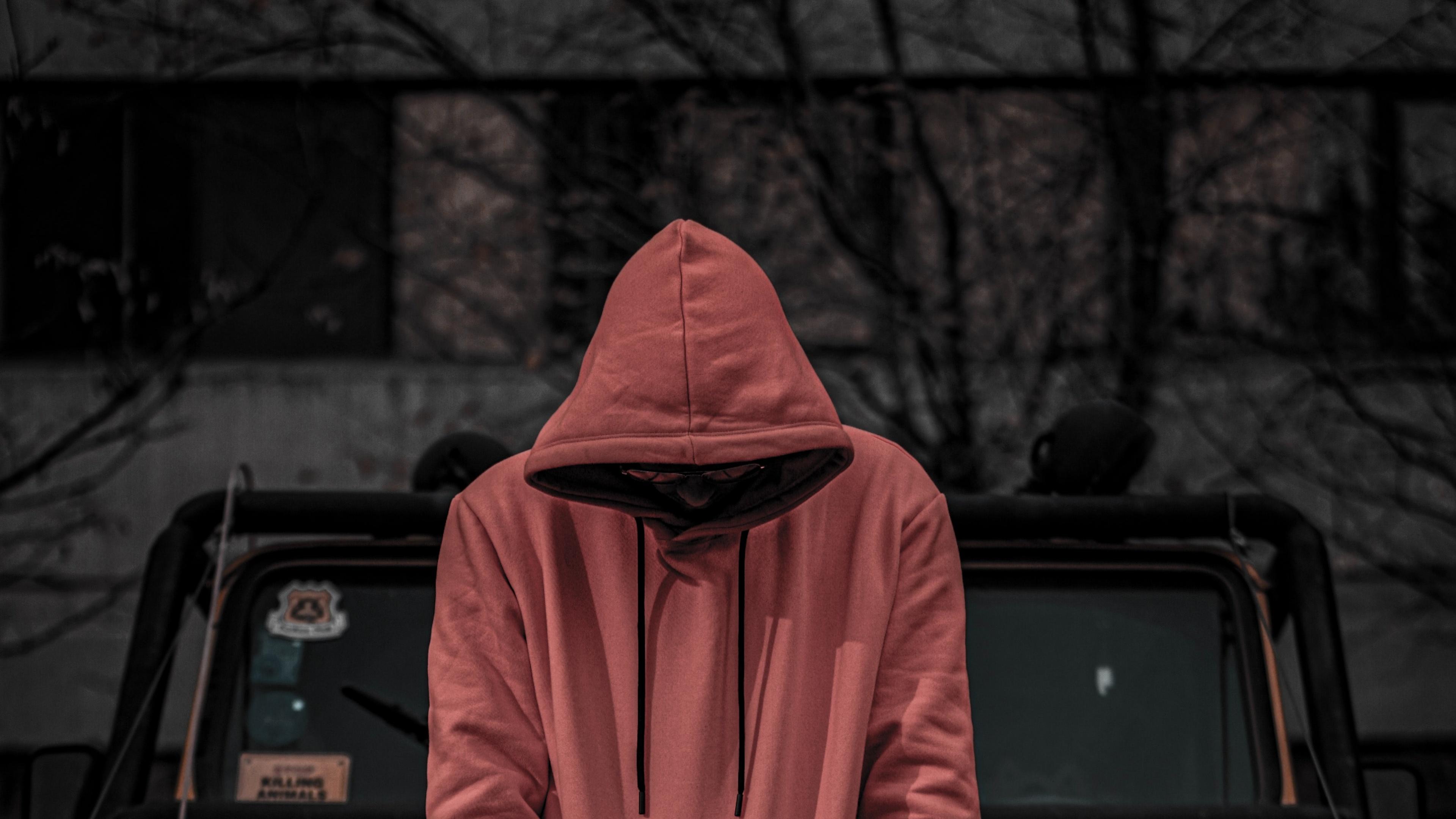 3840x2160 Red Hoodie Wallpaper 4K, Jeep, Standing, Men, Style, Sweatshirt, 5K, People