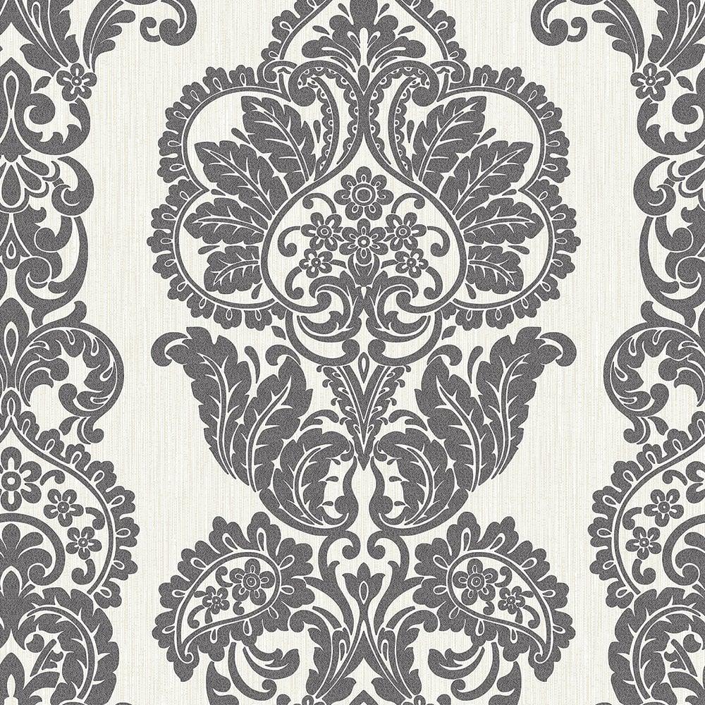 1000x1000 Fine Decor Rochester Damask Textured Glitter Wallpaper Black, Cream (FD40896) from I Love Wallpaper UK