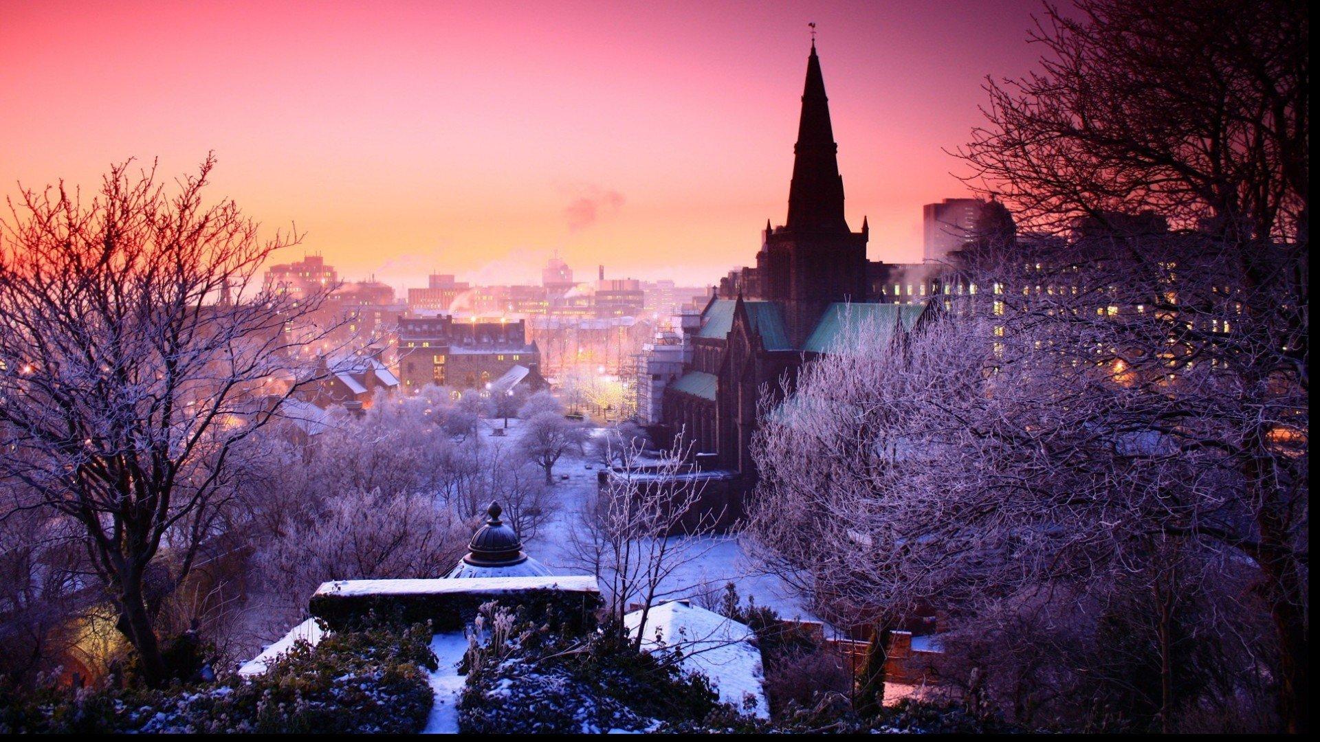 1920x1080 #tree, #snow, #Pink, #house, #sky, #sunset, #city. Mocah HD Wallpaper