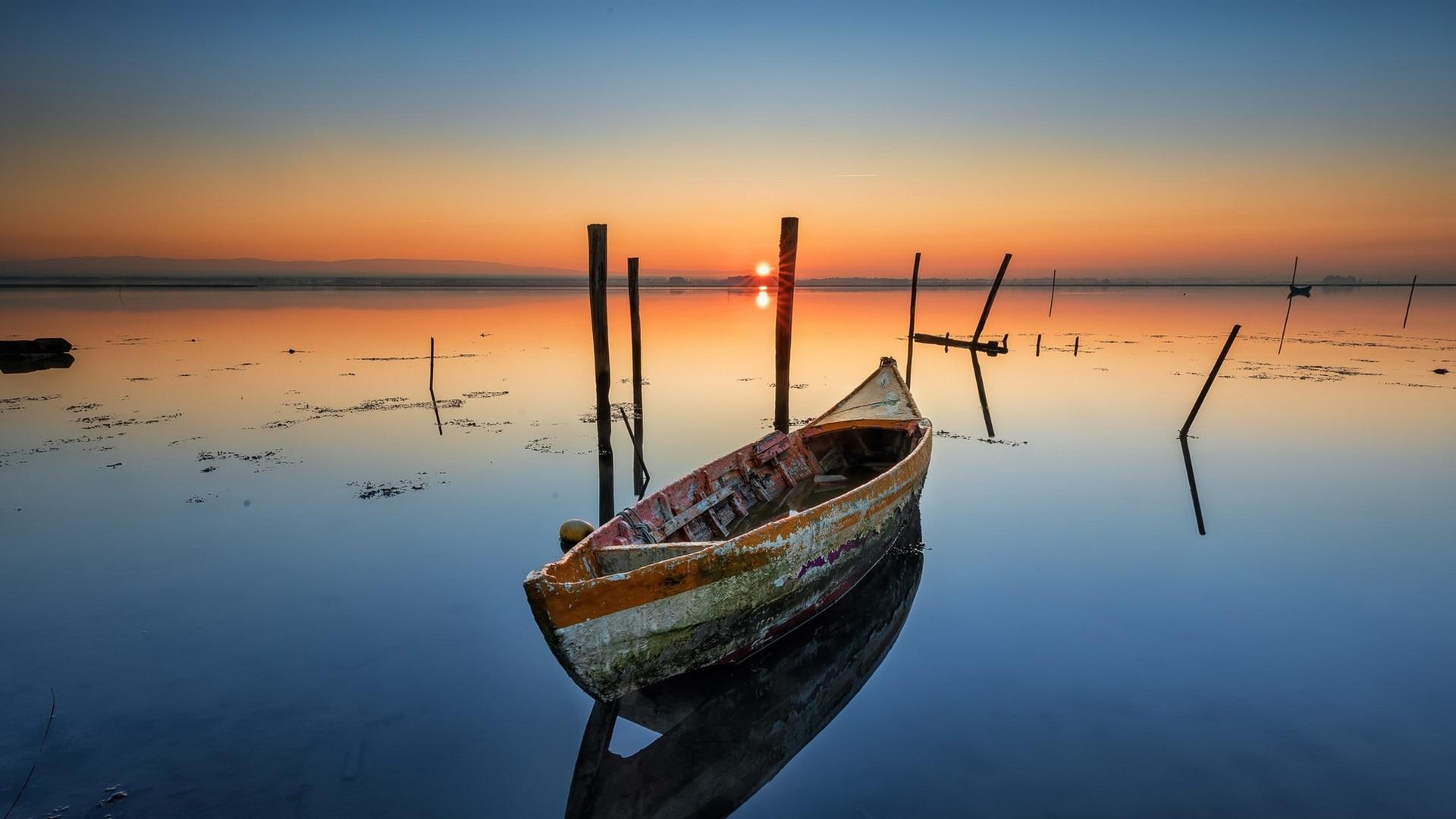 1920x1080 Wallpaper Boat, lake, dawn, sunrise 1920x1080 Full HD 2K Picture, Image