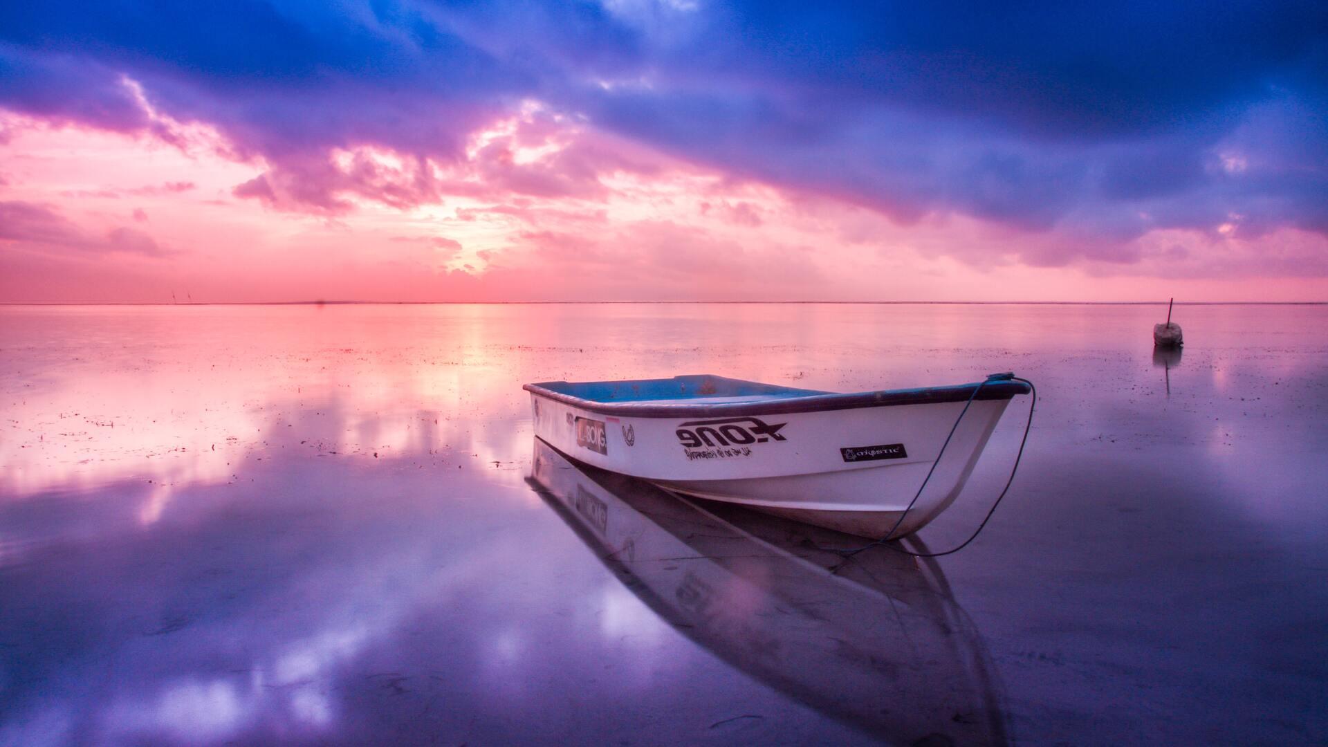1920x1080 Boat Beach Seashore Reflection Sunset Laptop Full HD 1080P HD 4k Wallpaper, Image, Background, Photo and Picture