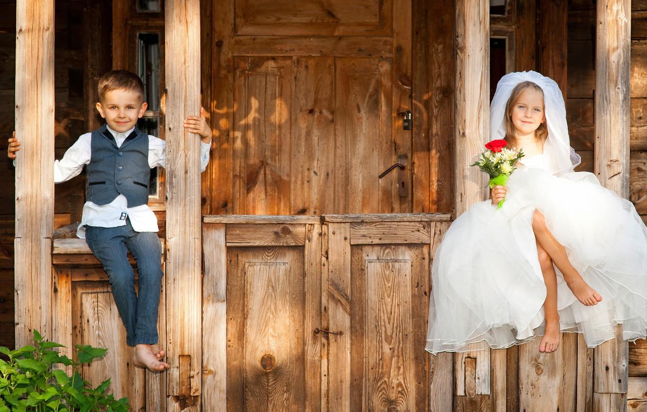 1332x850 Wallpaper children, smile, bouquet, boy, dress, girl, the bride image for desktop, section настроения
