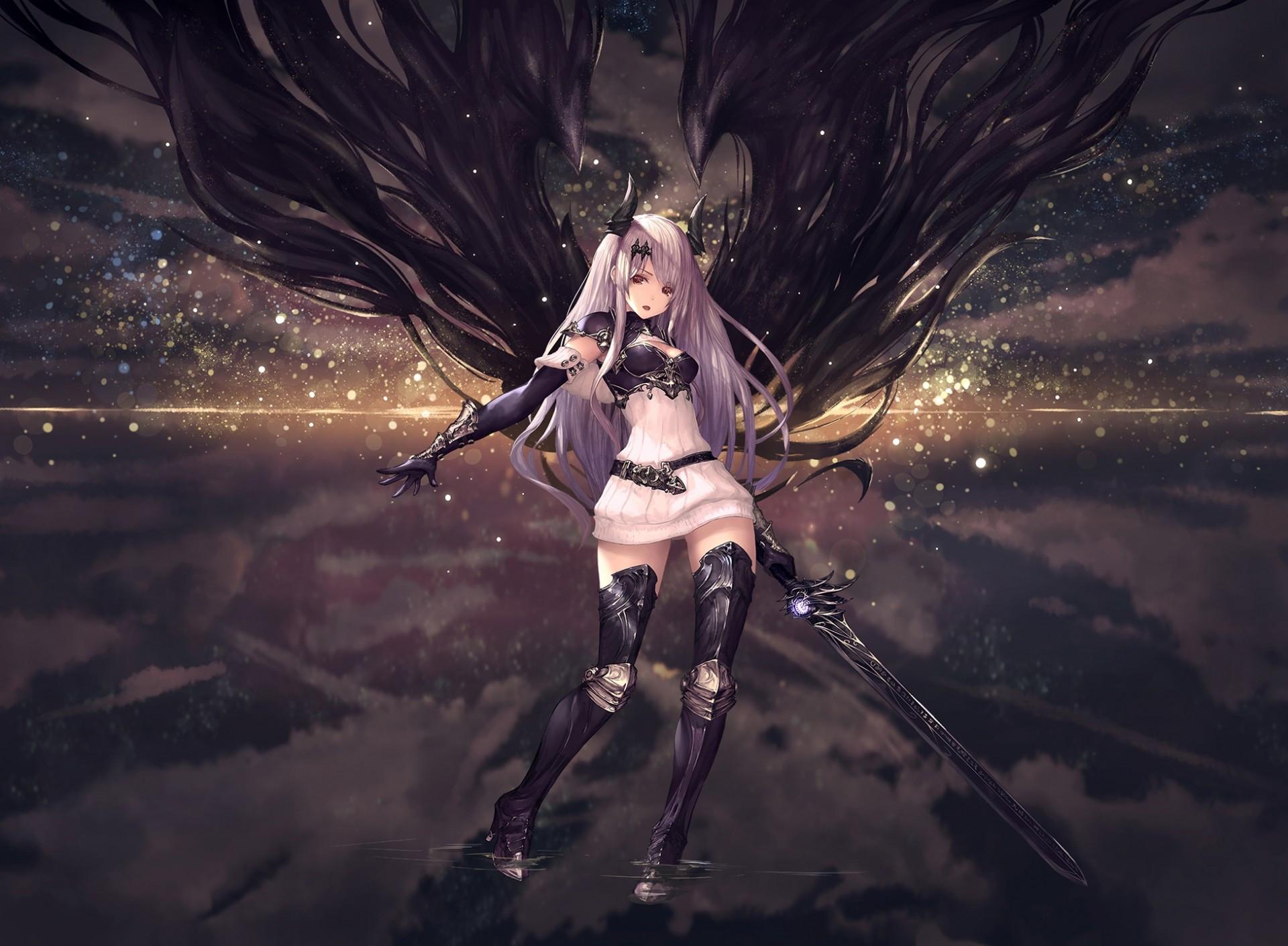 1920x1410 Download 1920x1410 Anime Girl, Demon, Black Sword, Horns, Gloves, White Hair, Black Magic Wallpaper