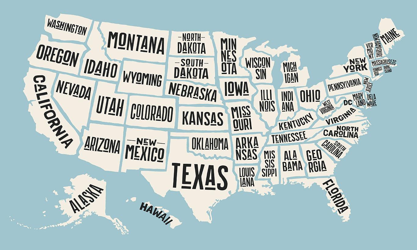 1366x820 State Names Map of USA Wallpaper Mural