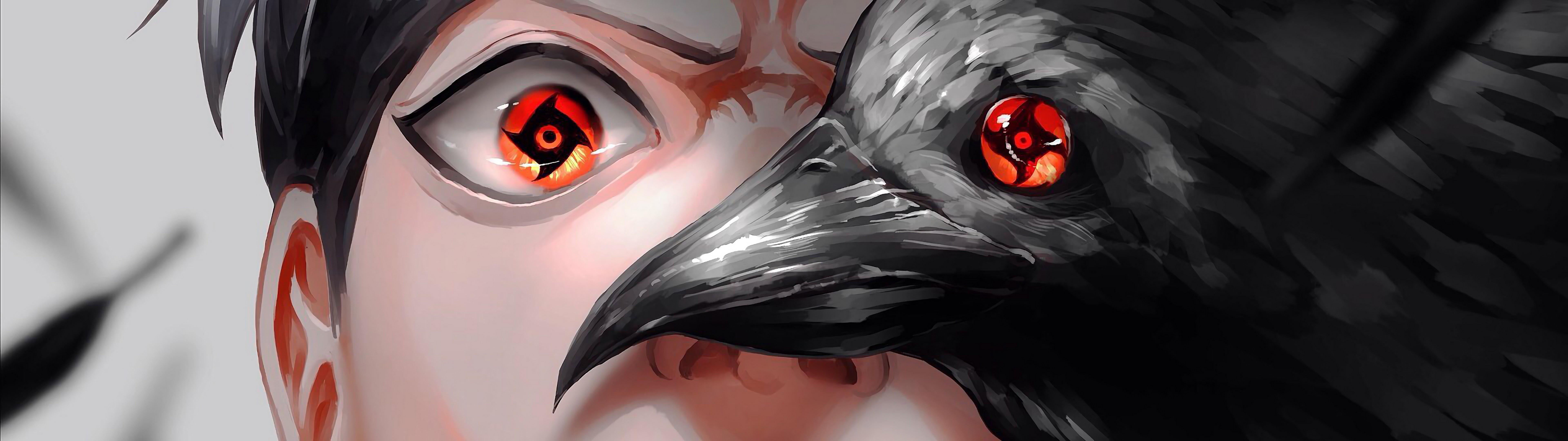 7680x2160 Shisui Uchiha Mangekyo Sharigan Crow 4K Wallpaper