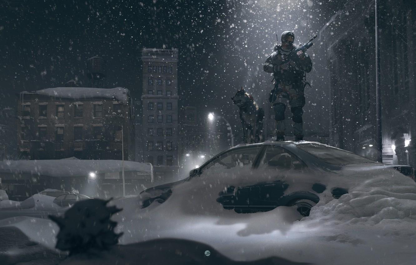 1332x850 Wallpaper winter, light, snow, night, street, dog, soldiers, lantern, car image for desktop, section разное