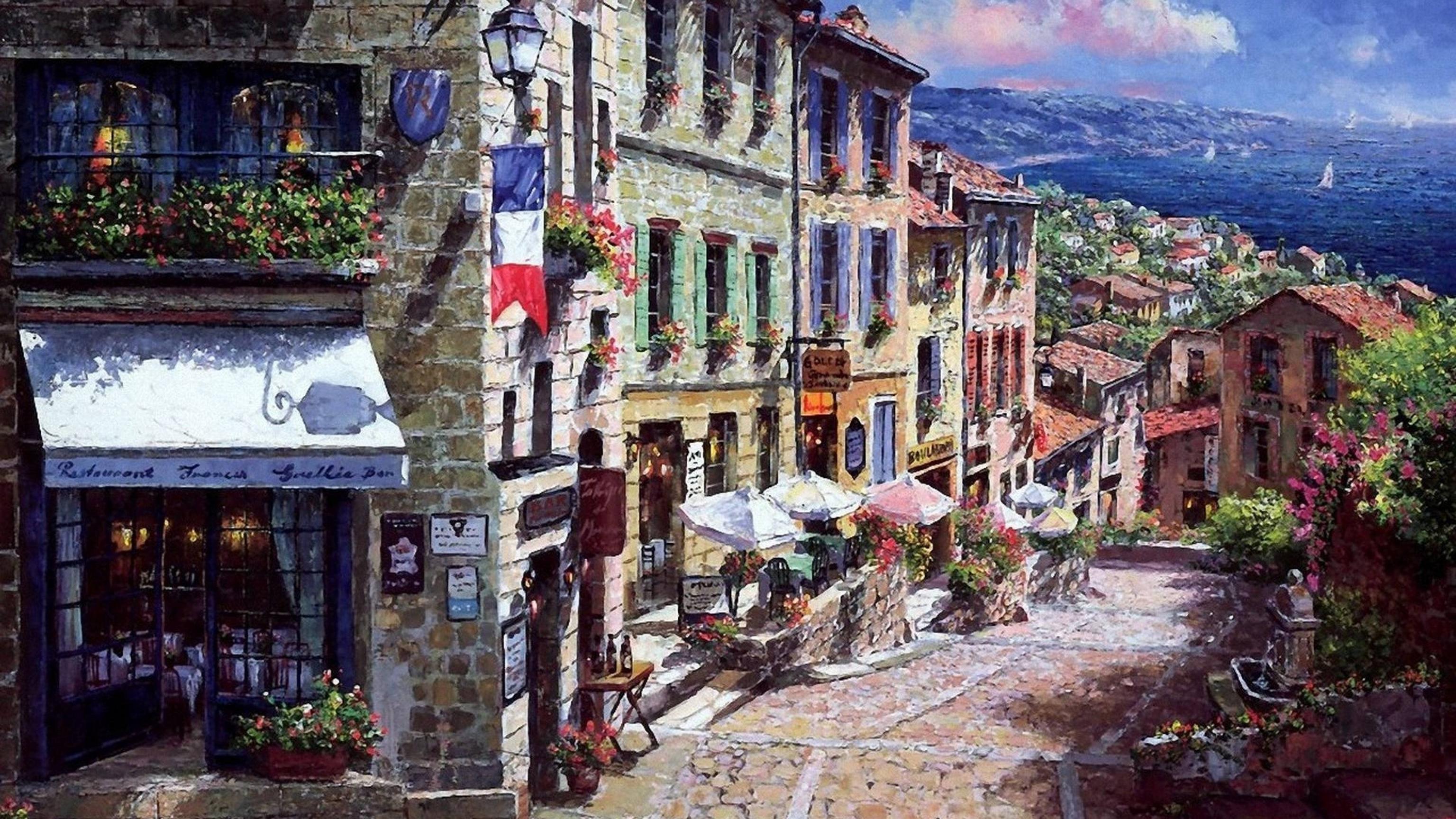 3072x1728 painting, france, town 4K Wallpaper, HD City 4K Wallpaper, Image, Photo and Background