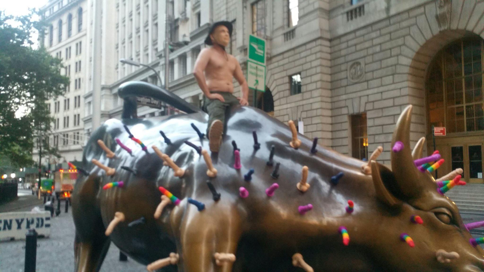 2048x1152 Wall Street Bull Decorated Overnight With Shirtless Putin and Rainbow Dildos