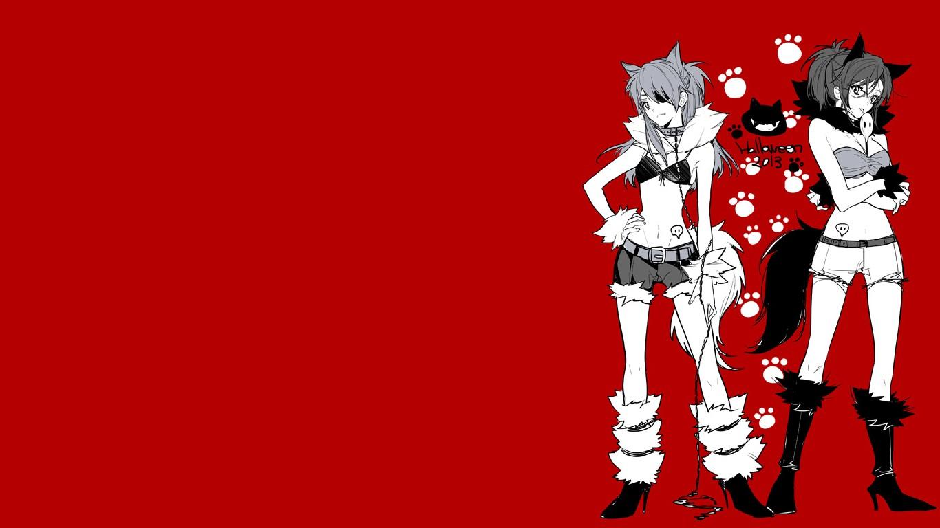 1366x768 #dog girls, #inumimi, #Asuka Langley Soryu, #red background, #Makinami Mari, #anime, #anime girls, #Neon Genesis Evangelion, #Halloween, wallpaper. Mocah HD Wallpaper