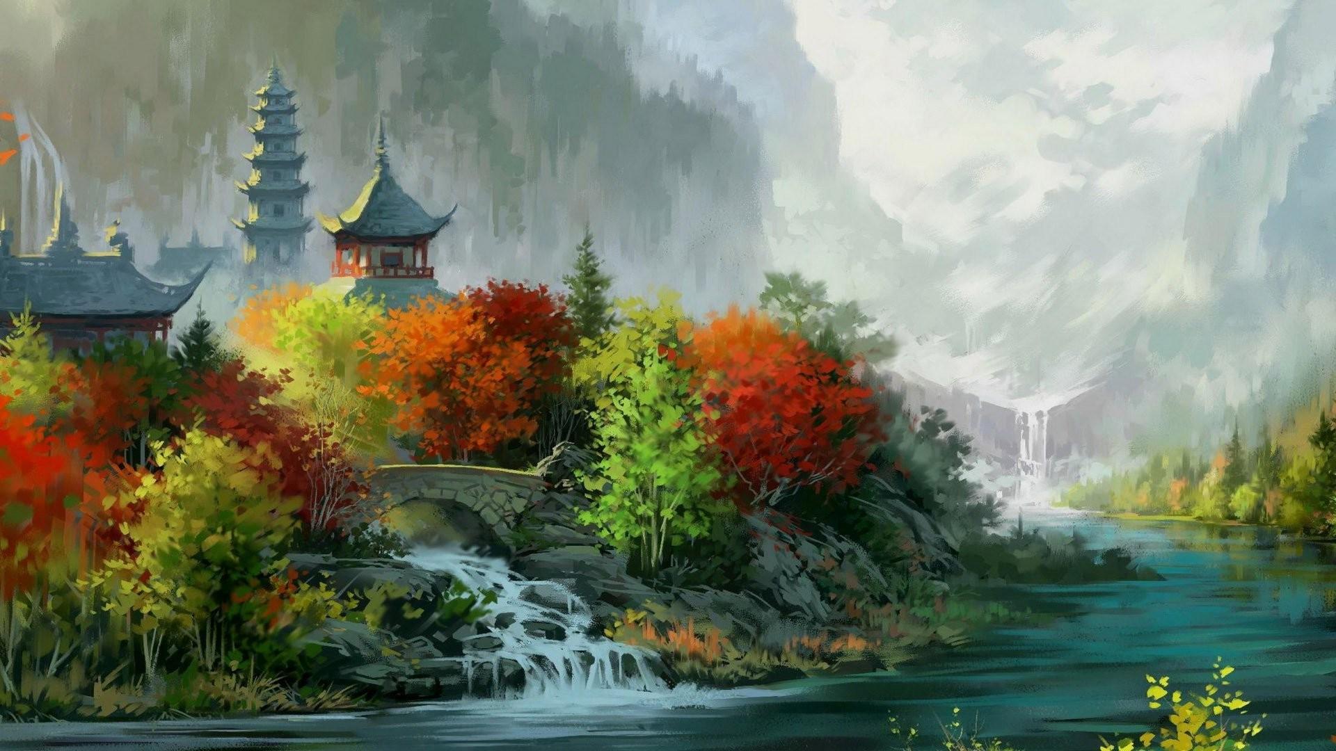 1920x1080 1920x1080 artwork painting digital art asian architecture house tower nature landscape river bridge waterfall trees forest valley mountain fall leaves wallpaper JPG 385 kB