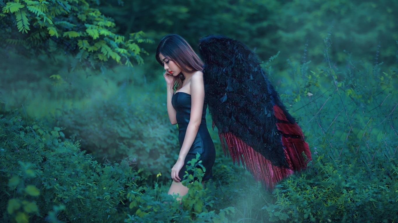 1366x768 Wallpaper Asian angel girl, black wings, nature 1920x1080 Full HD 2K Picture, Image