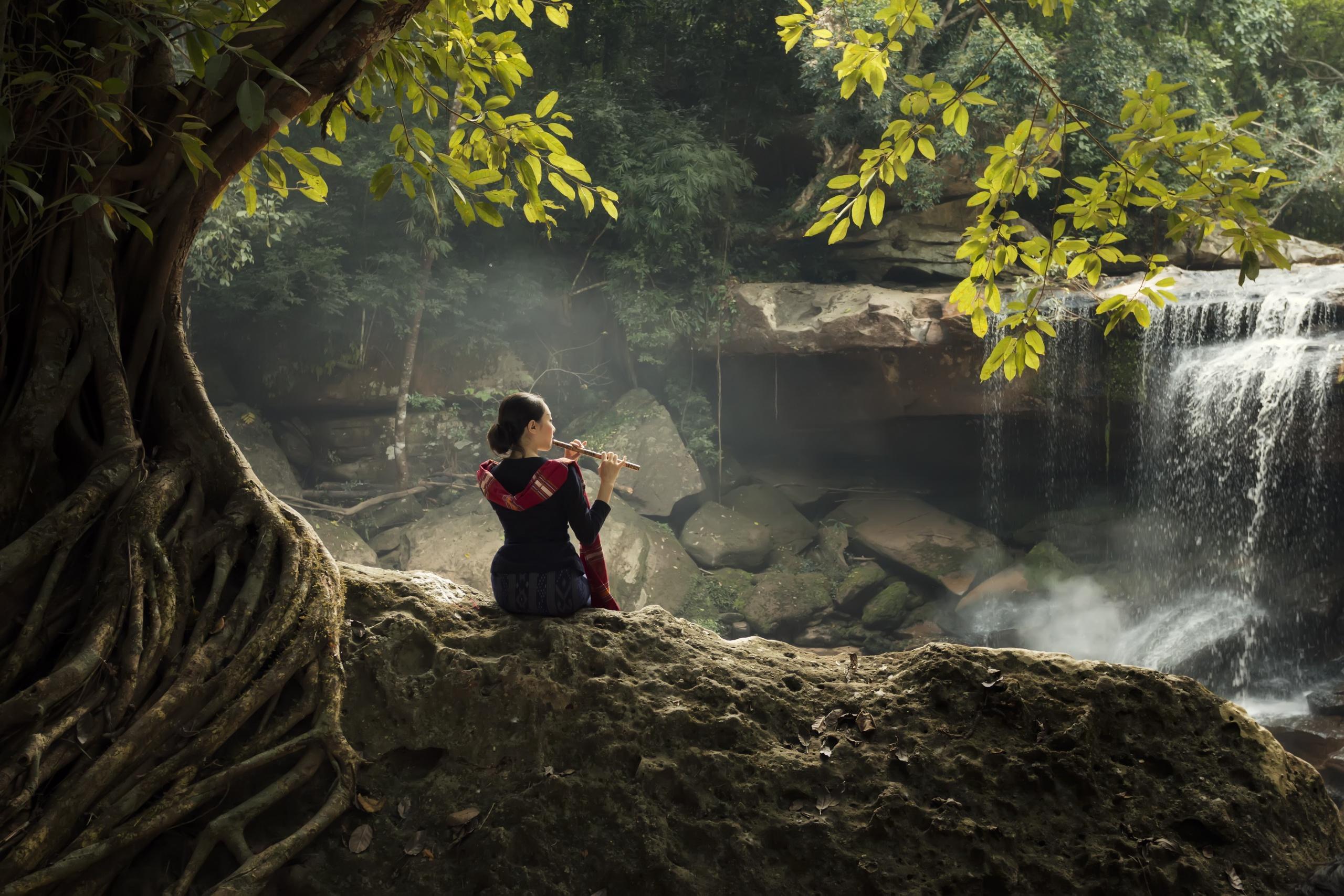 2560x1707 #women, #Asian, #nature, #women outdoors, #musical instrument, #sitting, #waterfall, #flute, wallpaper. Mocah HD Wallpaper