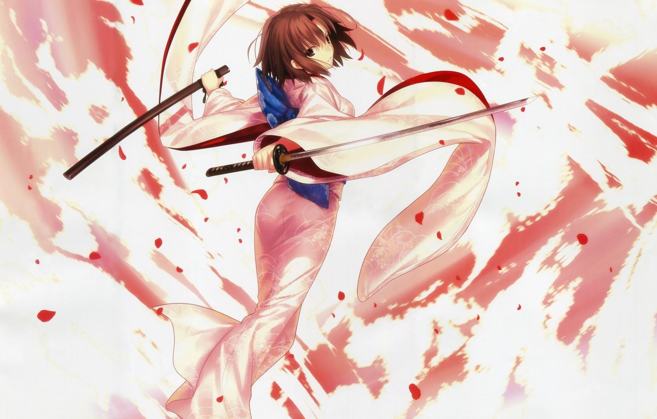 1332x850 Wallpaper katana, vortex, kimono, rose petals, sheath, Shiki Ryougi, sideways, the Garden of Sinners, The garden of sinners, The war of the Kyokai, Takashi Takeuchi image for desktop, section сёнэн