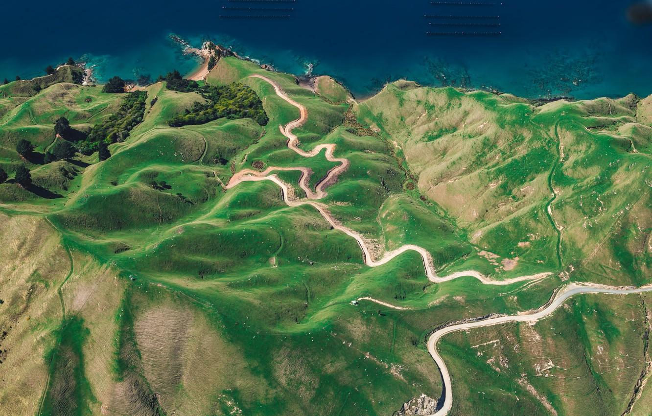1332x850 Wallpaper road, trees, shore, coast, New Zealand, New Zealand, the view from the top, The Tasman sea, drone view wallpaper, drone view, drone photo, aerial photo, D'Urville Island, D'urville Station, Lava Changed
