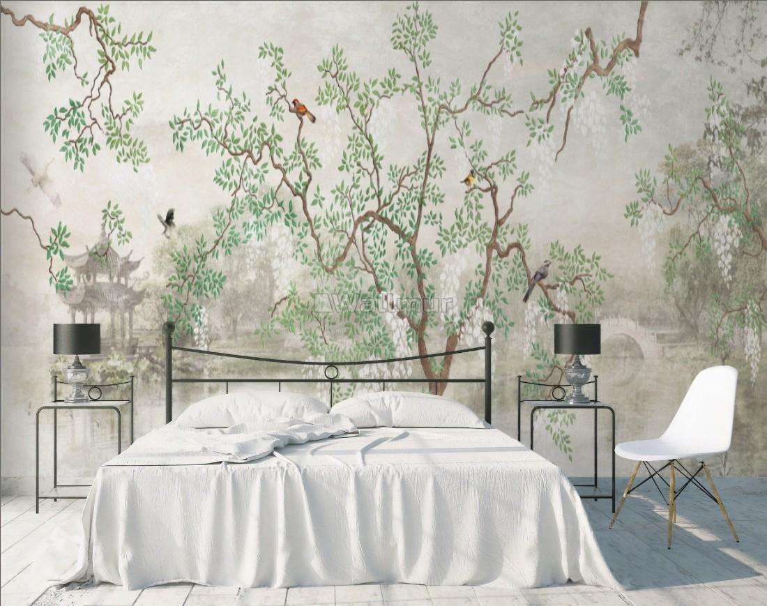 1100x869 Misty Lake Landscape and Japanese Garden Wallpaper Mural • Wallmur®