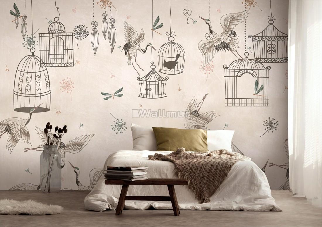 1100x776 Japanese Crane Birds and Empty Cages Wallpaper Mural • Wallmur®