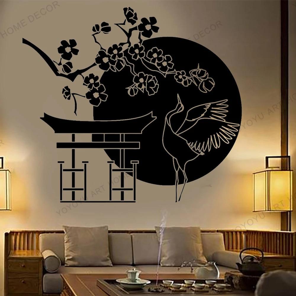 1000x1000 Flower Tree Branch Wallpaper Mural Japanese Bird Stork Door Window Vinyl Sticker Living Room Japan Shop Interior Decor JC252. Wall Stickers