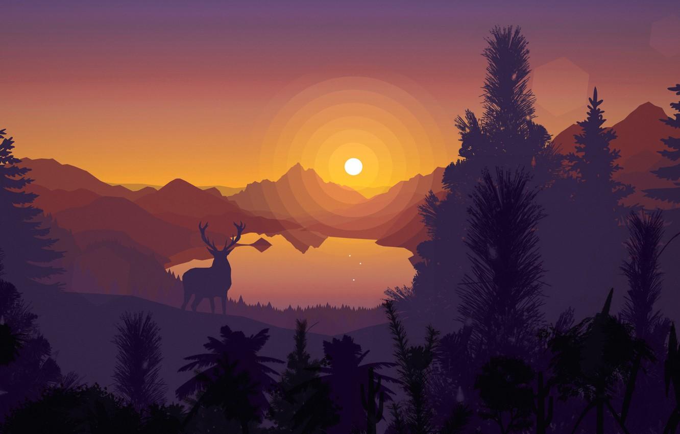 1332x850 Wallpaper sunset, mountains, lake, vector, deer, silhouette, postcard image for desktop, section арт