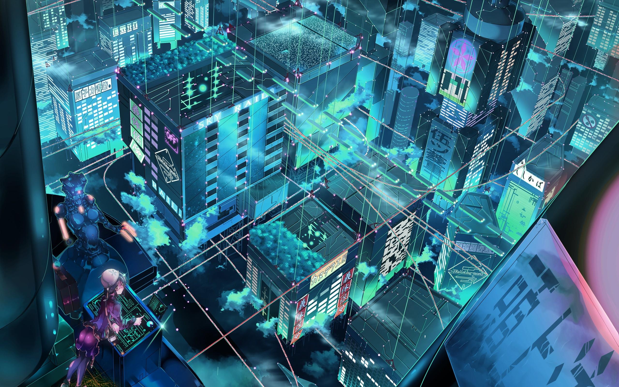 2560x1600 Download Wallpaper, Download robot cityscapes futuristic glasses green eyes short hair green hair scenic meganekko anime girls Wallpaper –Free Wallpaper Download