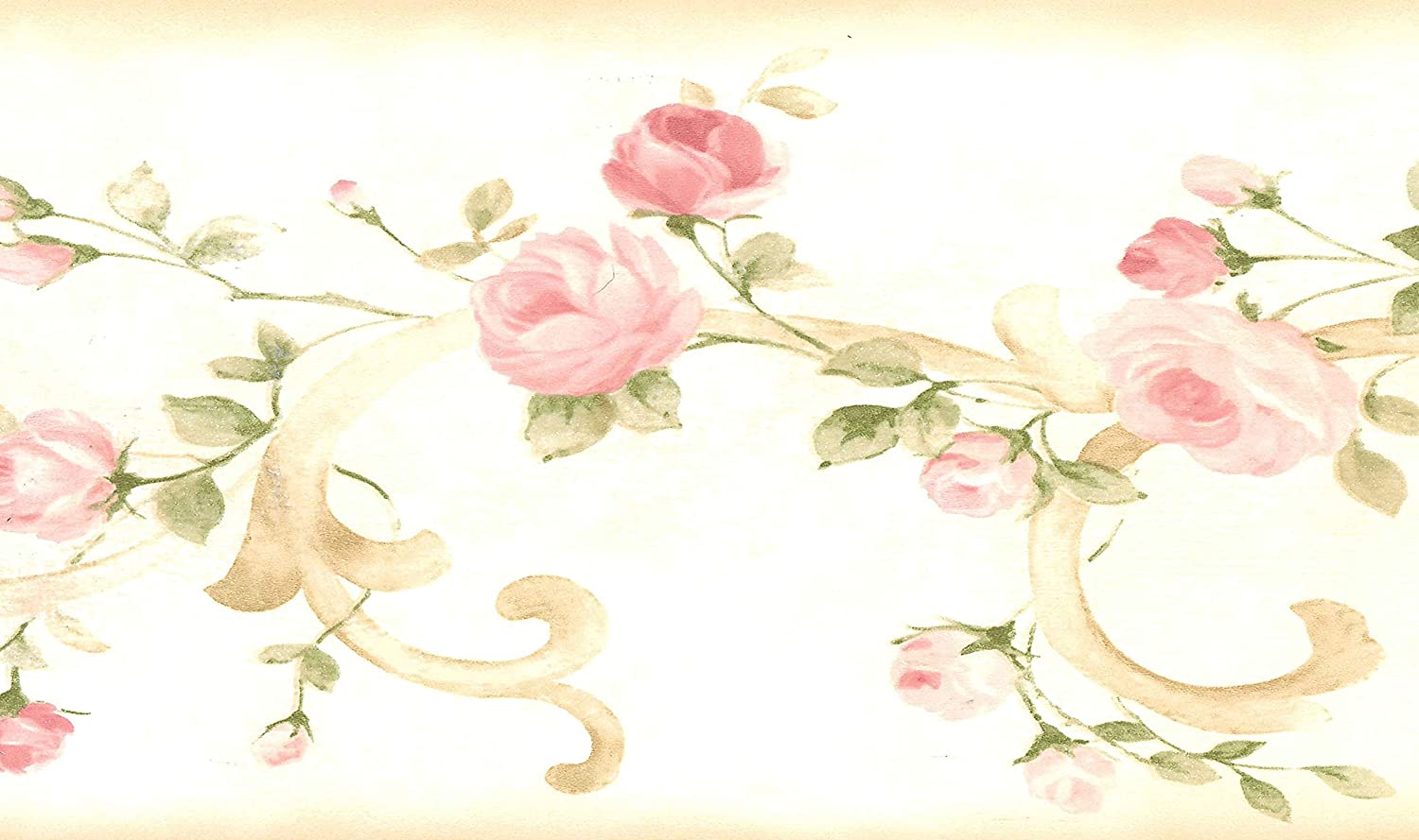 1500x889 Dundee Deco BD6264 Prepasted Wallpaper Border Beige, Pink, Green Blooming Roses on Damask Scroll Wall Border Retro Design, 15 ft x 6 in (4.57m x 15.24cm)